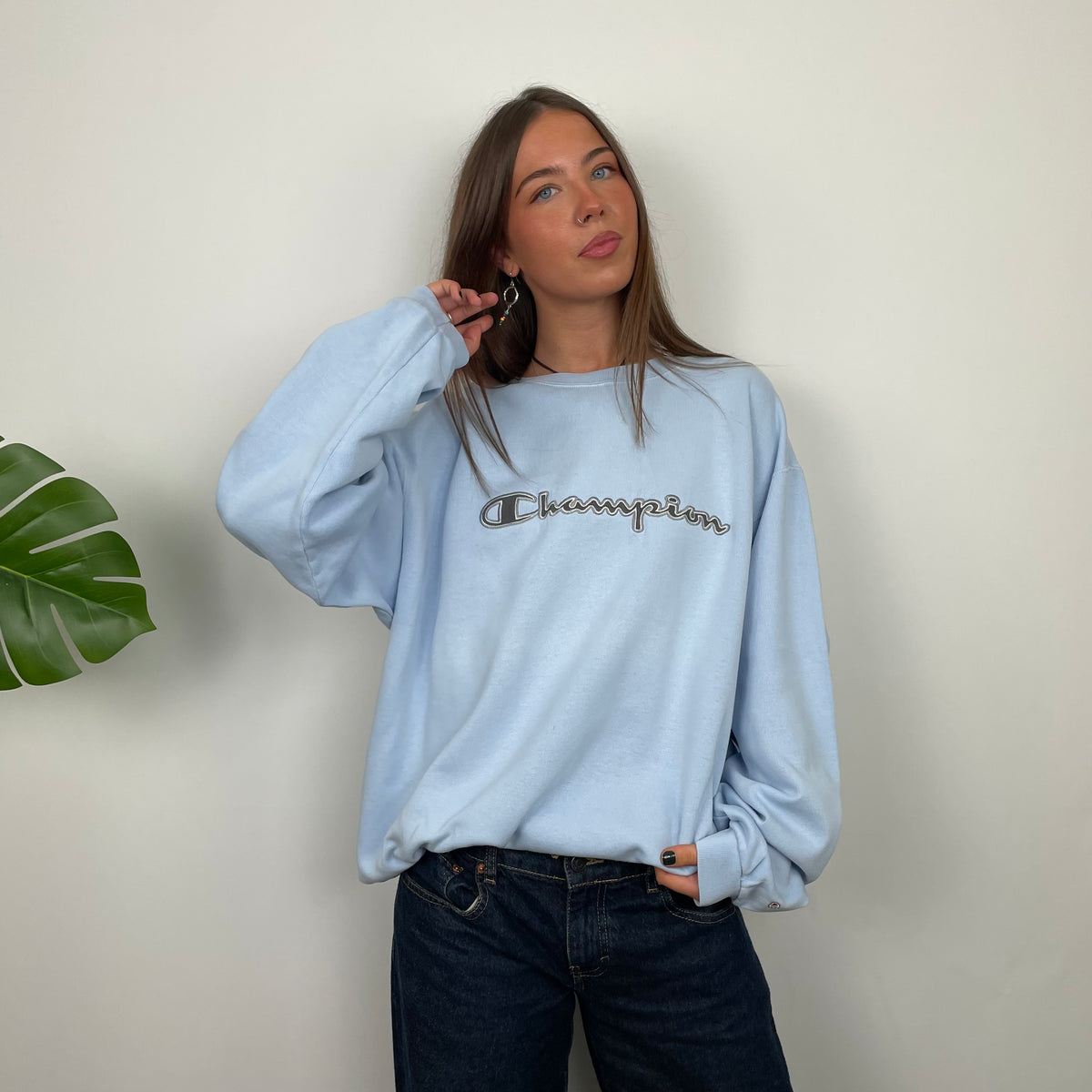 Champion Baby Blue Embroidered Spell Out Sweatshirt M Jamie Online Vintage