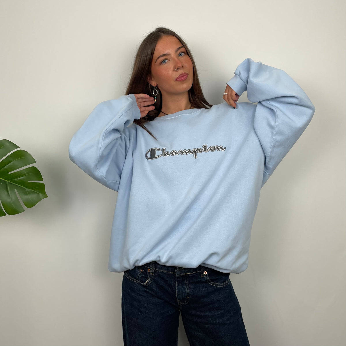 Champion Baby Blue Embroidered Spell Out Sweatshirt M Jamie Online Vintage