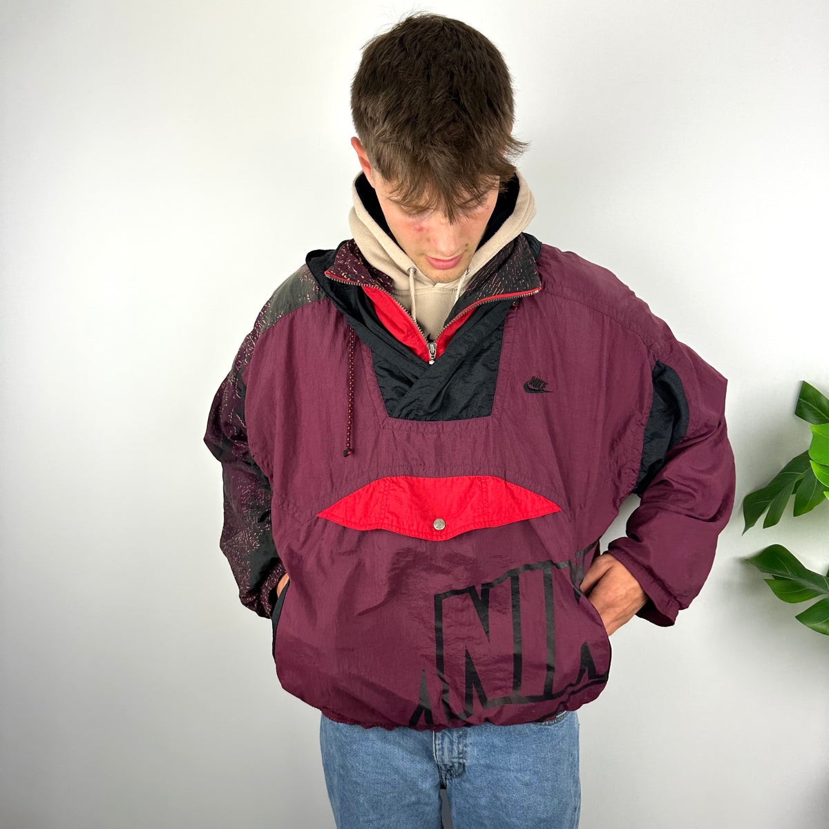 Nike RARE Maroon Embroidered Spell Out Quarter Zip Pullover