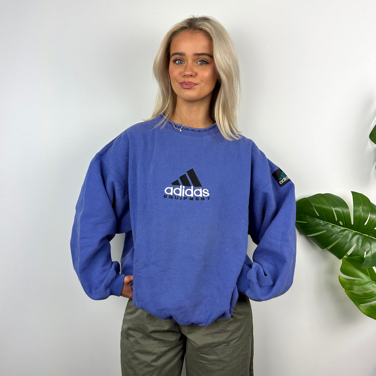 Adidas Equipment RARE Blue Embroidered Spell Out Sweatshirt L Jamie Online Vintage