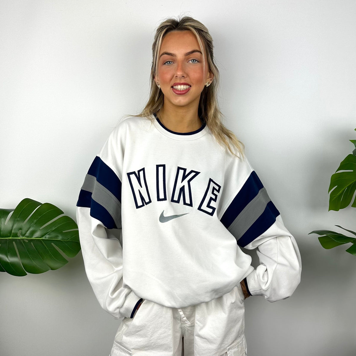 white and blue nike jumper