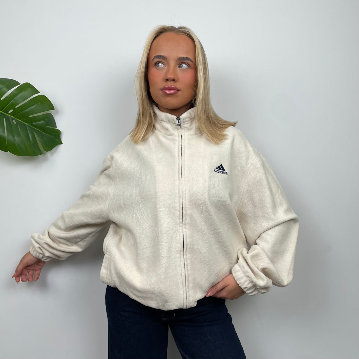 Adidas Cream Embroidered Spell Out Teddy Bear Fleece Zip Up Jacket