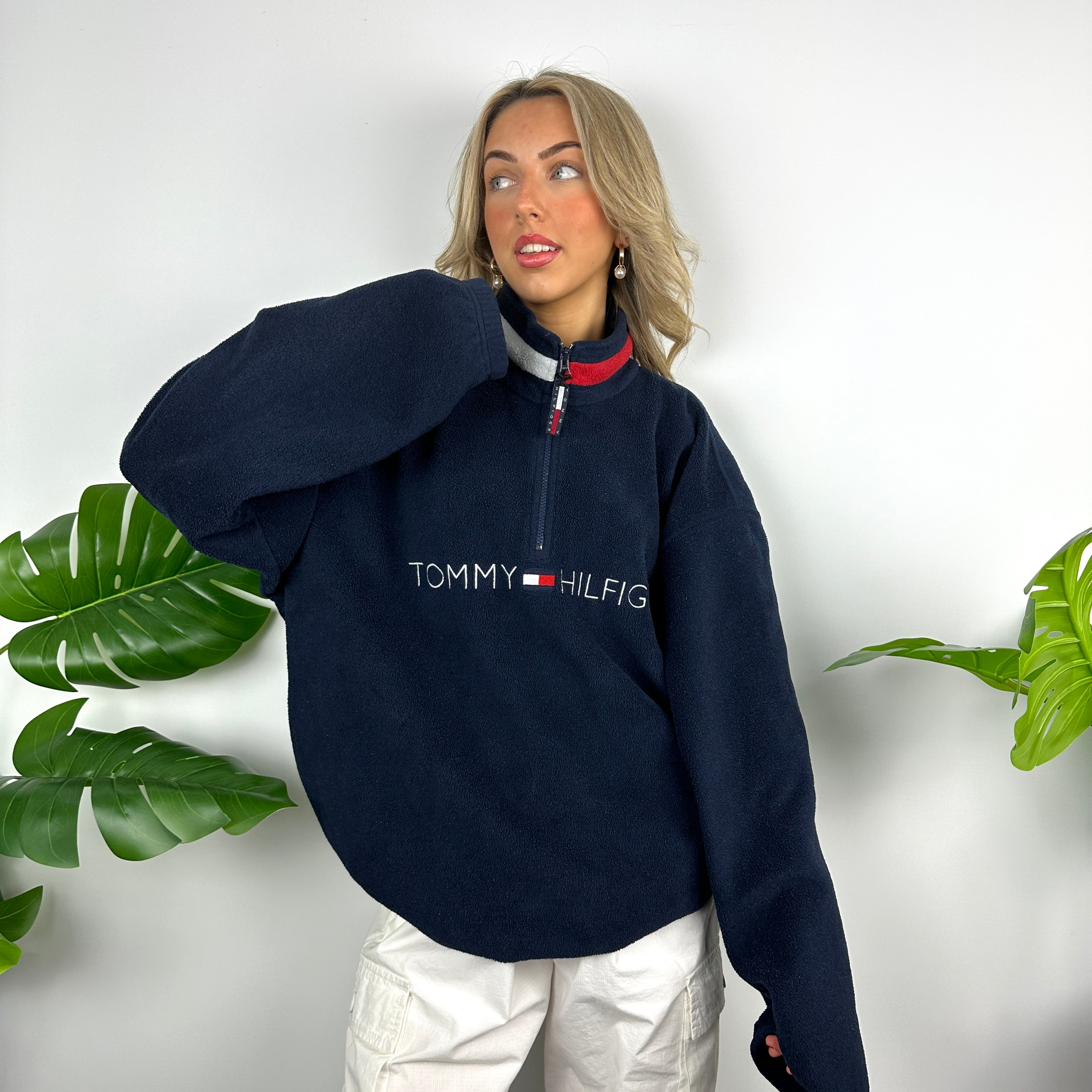 Tommy Hilfiger Navy Embroidered Spell Out Teddy Bear Fleece Quarter Zip Sweatshirt (XL)