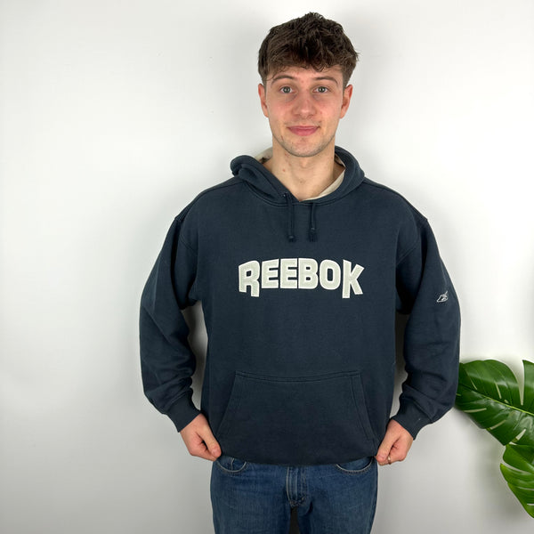 Reebok RARE Navy Embroidered Spell Out Hoodie (M)