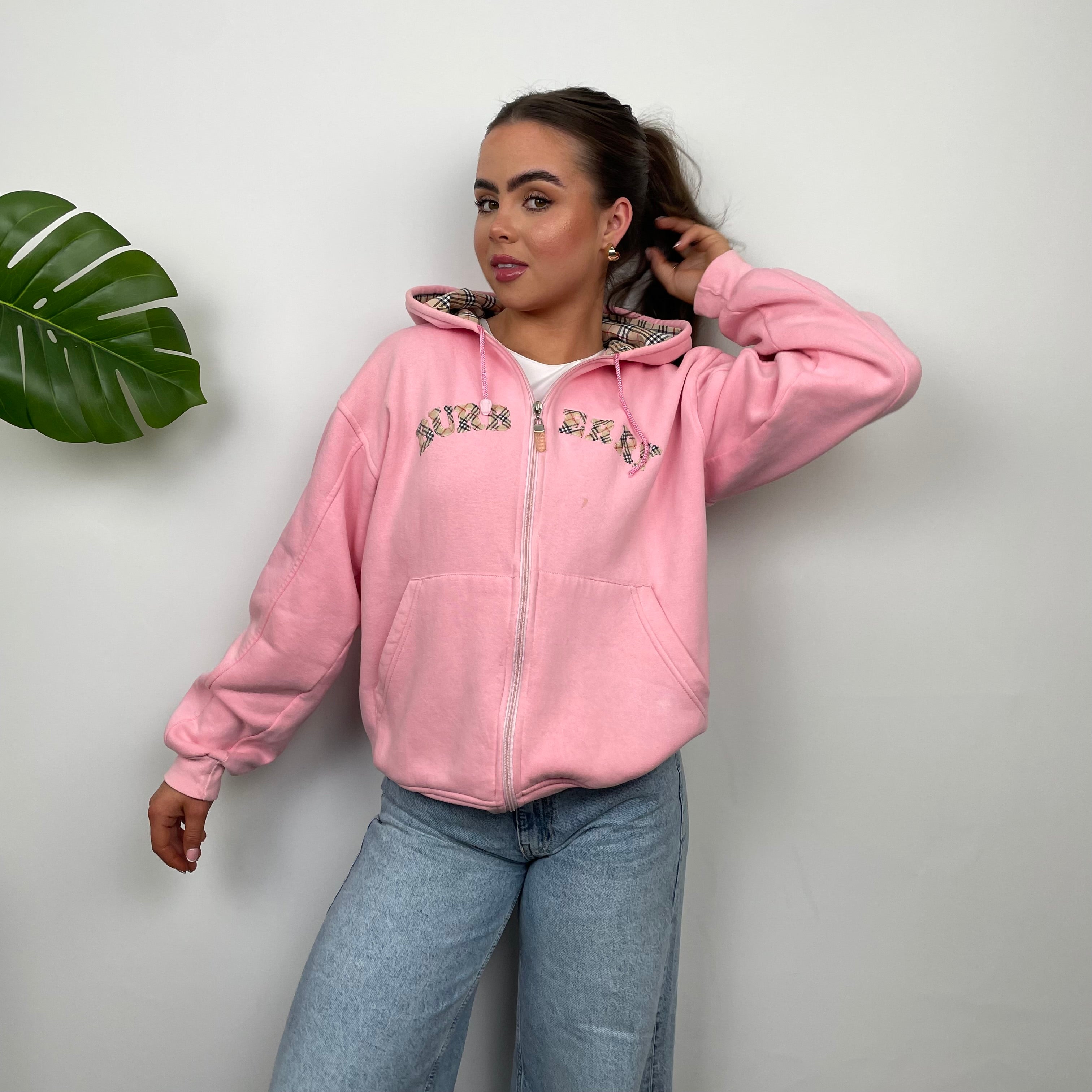 Burberry Pink Embroidered Logo Zip Up Sweatshirt (S)