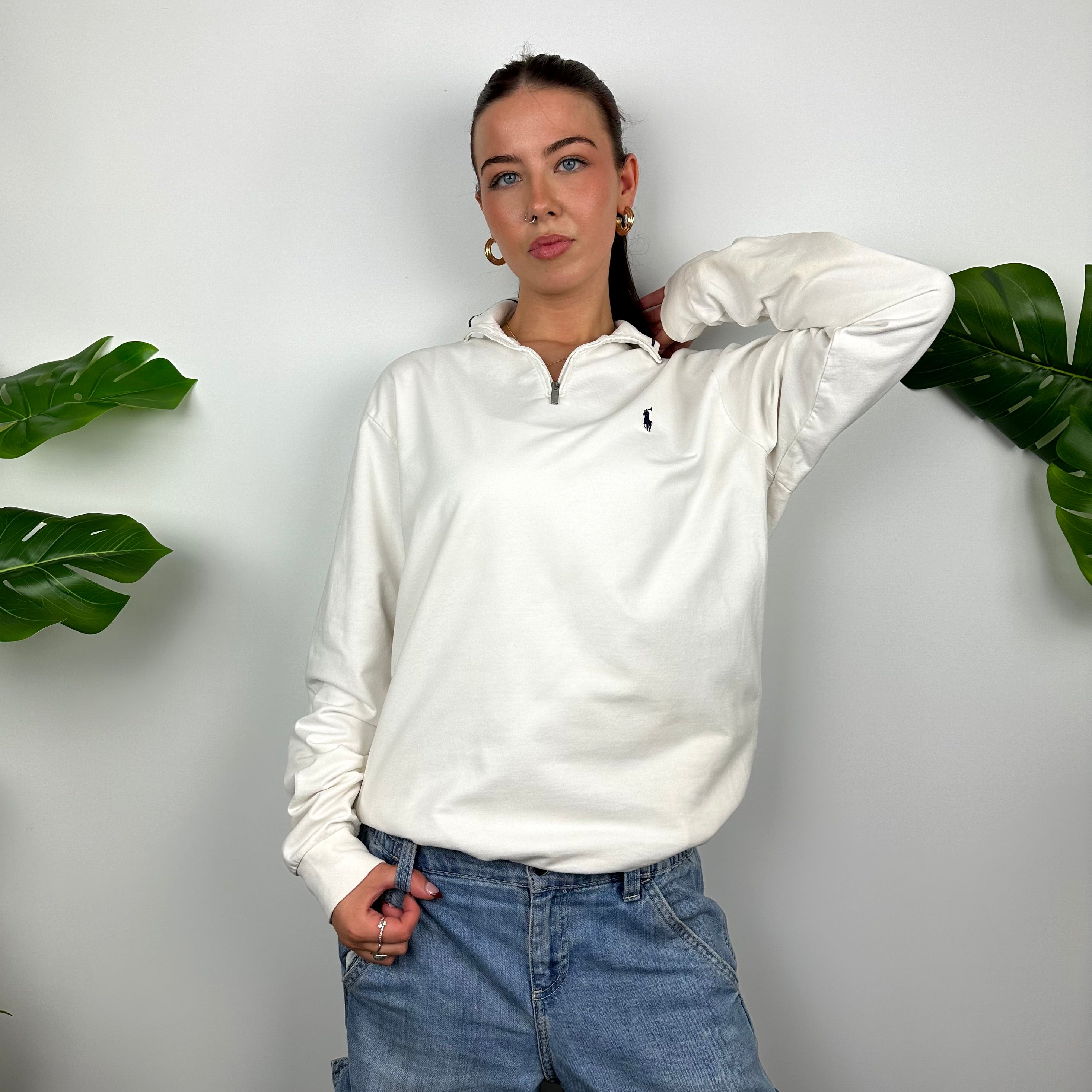 Polo Ralph Lauren White Embroidered Logo Quarter Zip Sweatshirt (S)