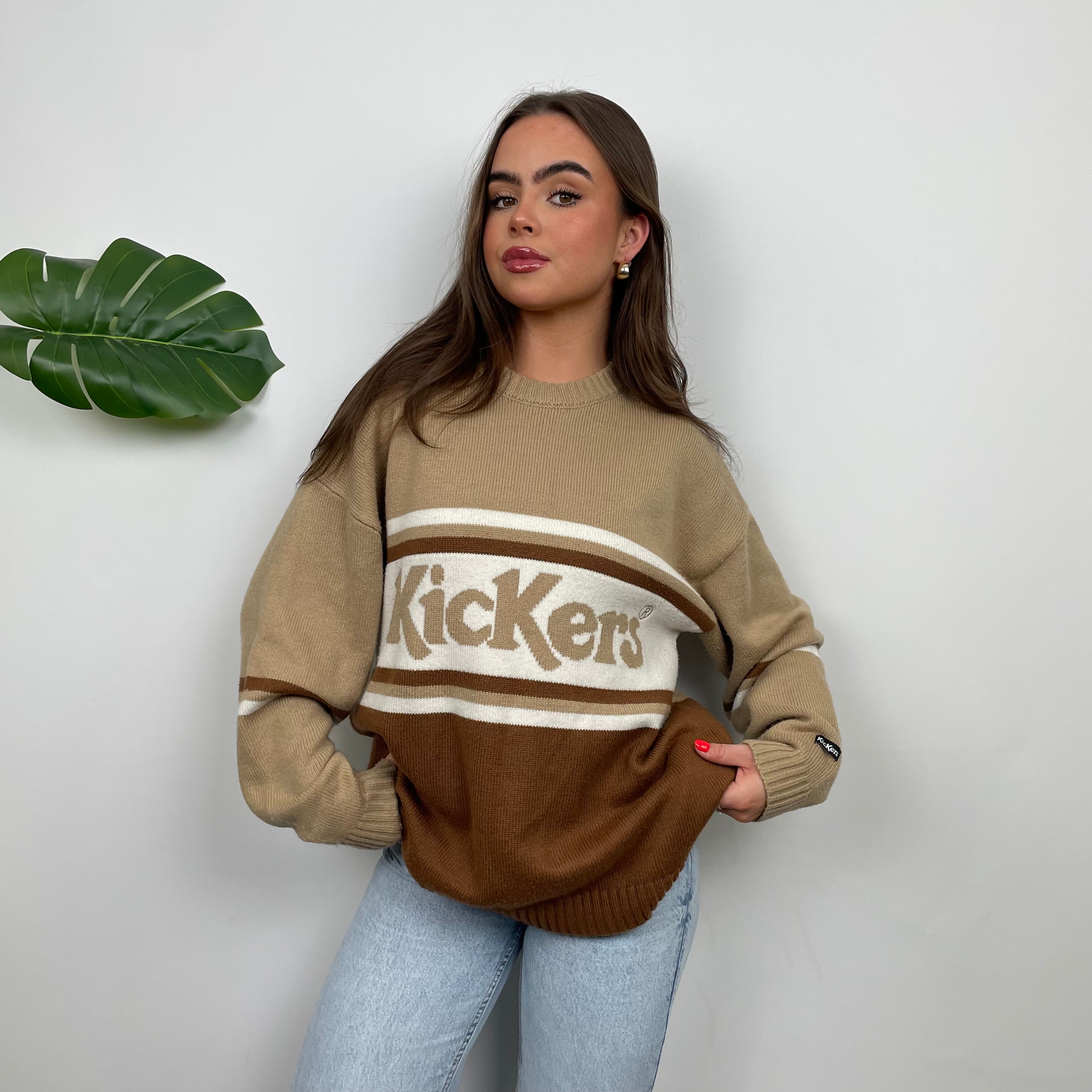 Kickers RARE Brown Embroidered Spell Out Knitted Sweater (M)