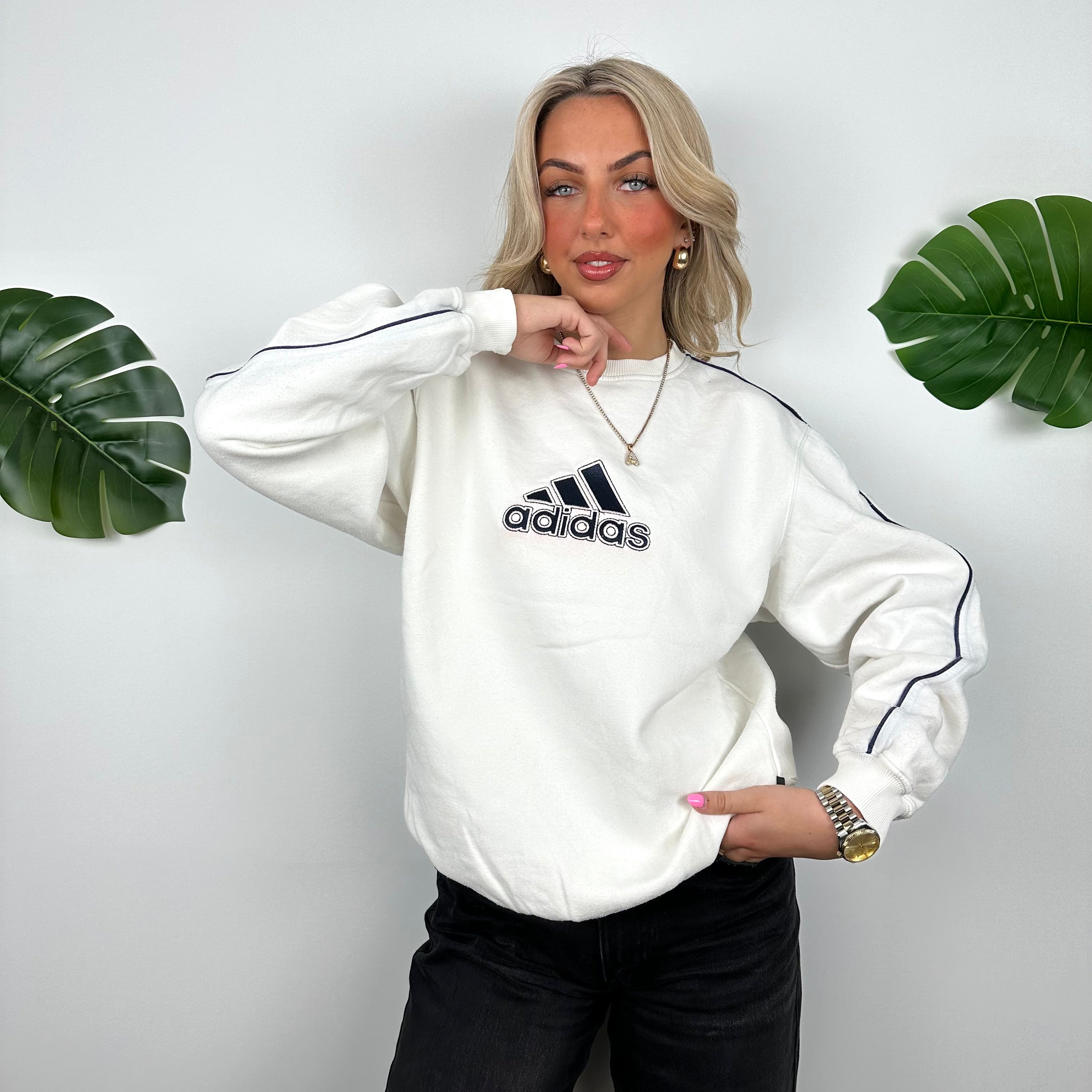 Adidas White Embroidered Spell Out Sweatshirt (M)