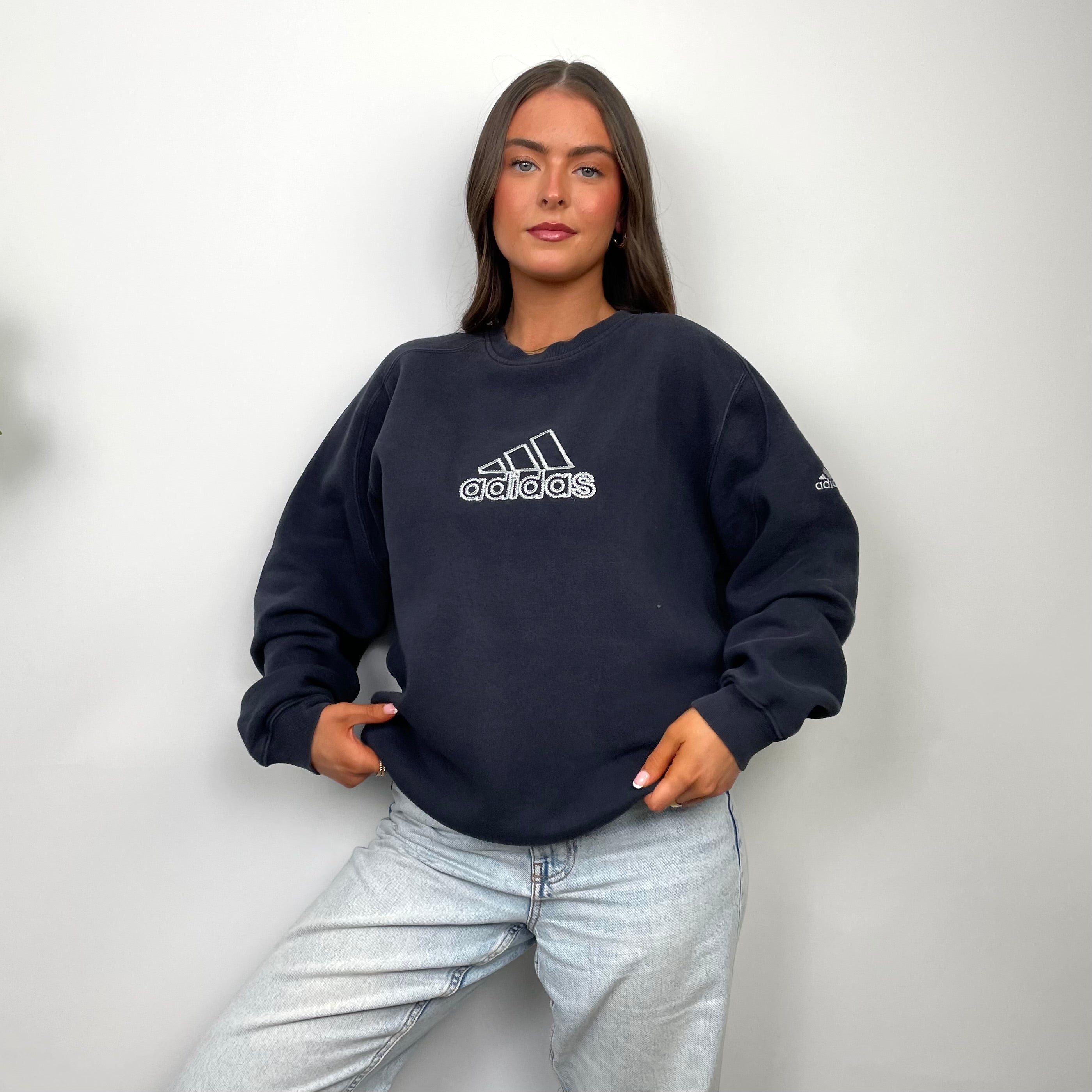 Adidas Navy Embroidered Spell Out Sweatshirt (L)