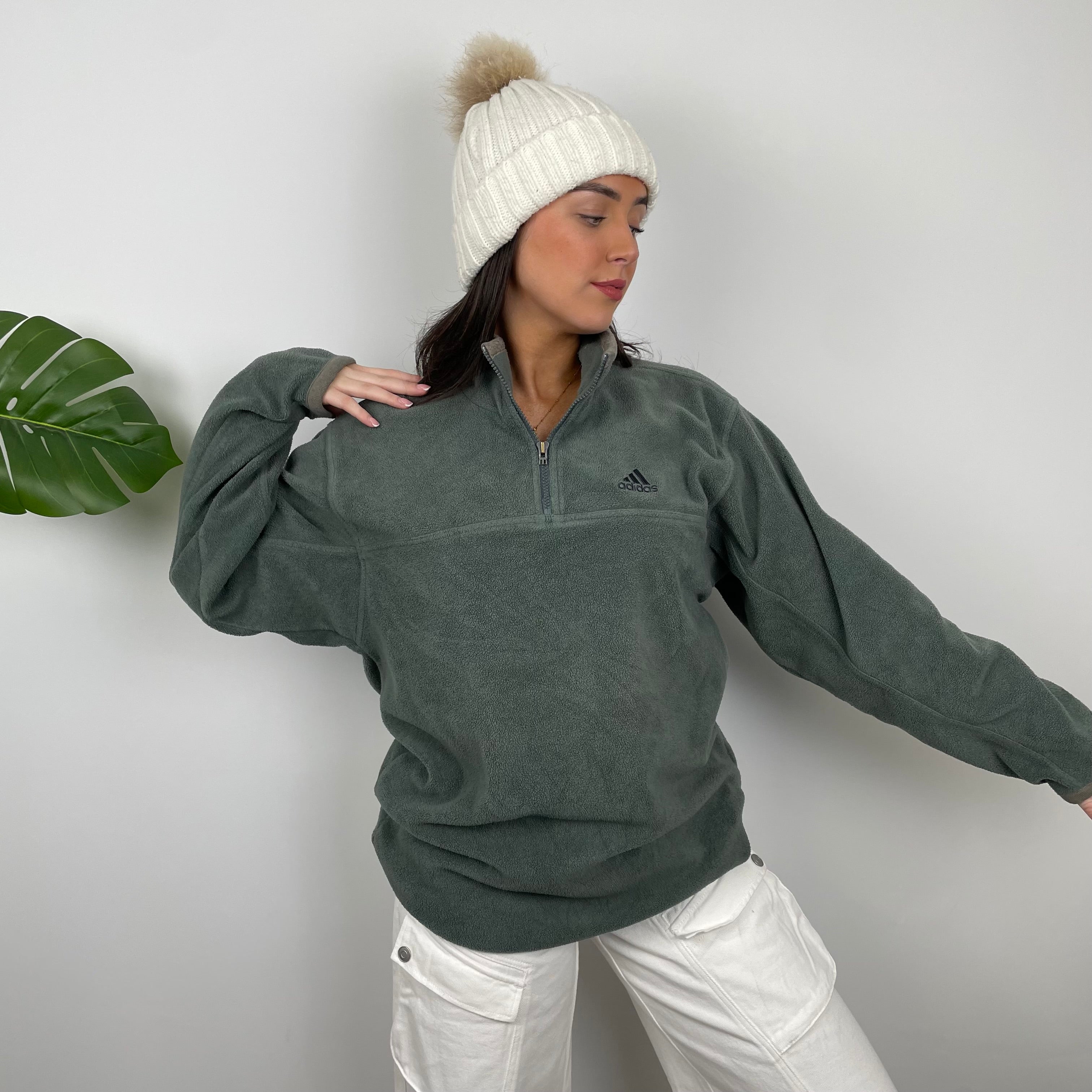 Adidas Green Embroidered Spell Out Fleece Quarter Zip Sweatshirt (XL)