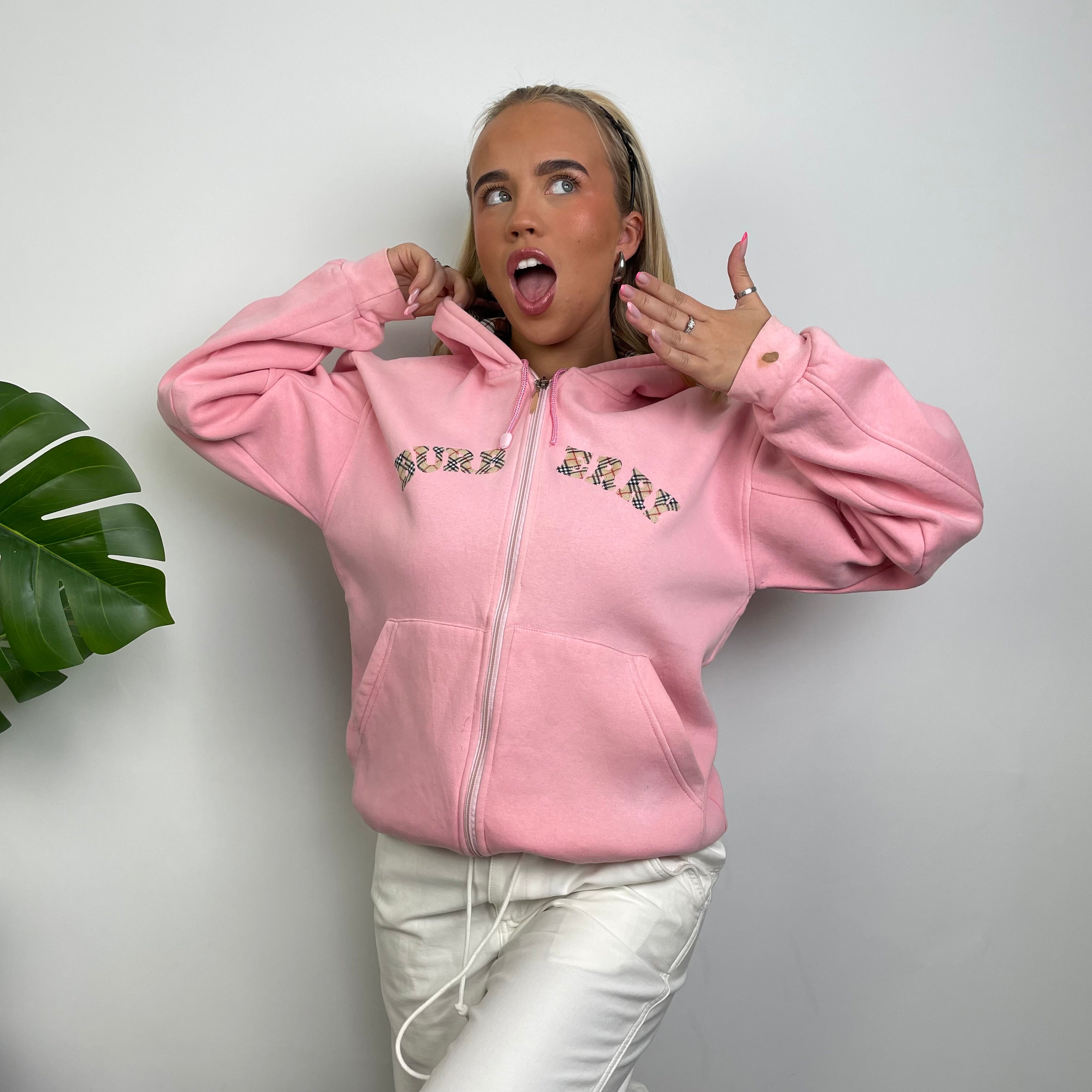 Burberry Pink Embroidered Logo Zip Up Sweatshirt (M)