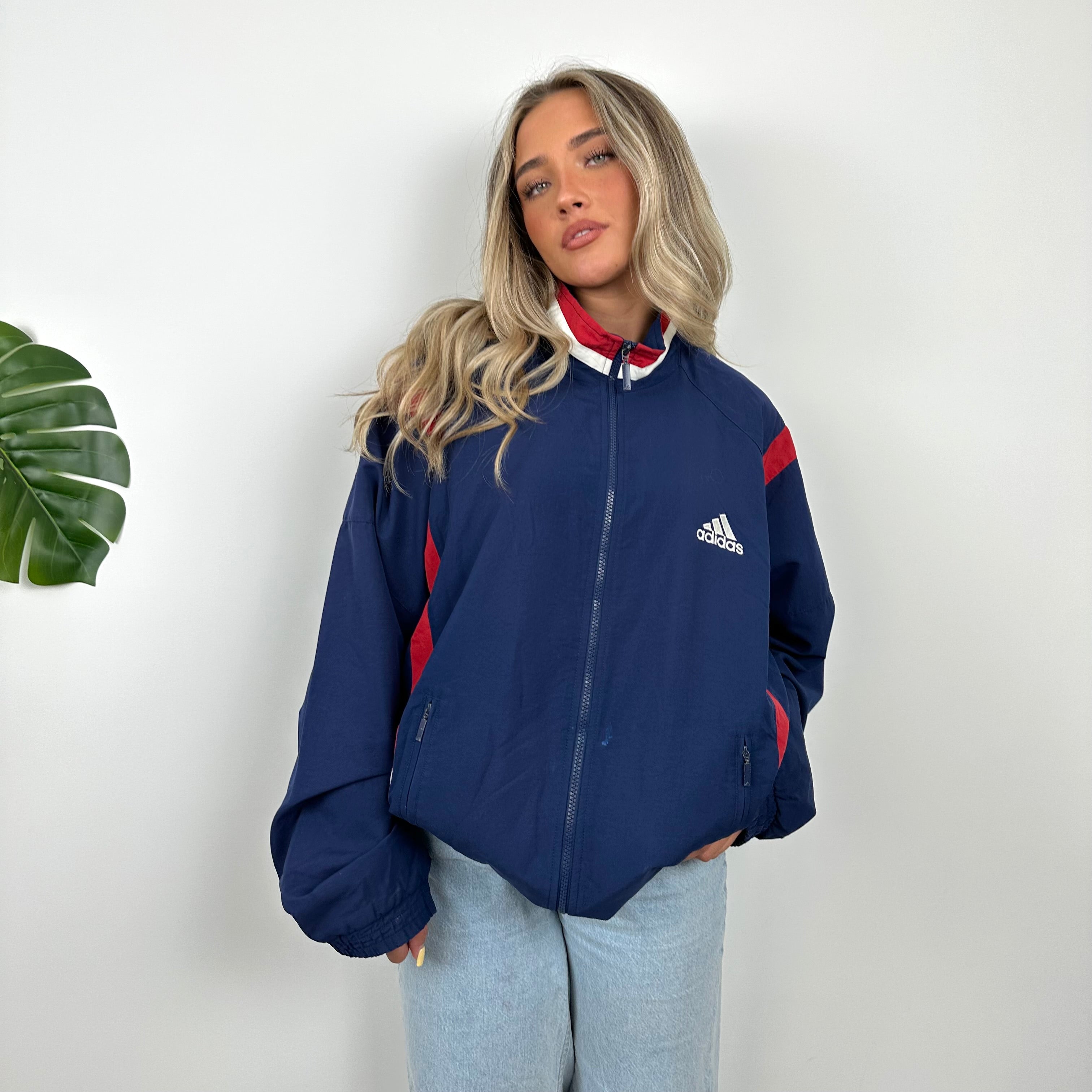 Adidas Navy Embroidered Spell Out Windbreaker Jacket (L)