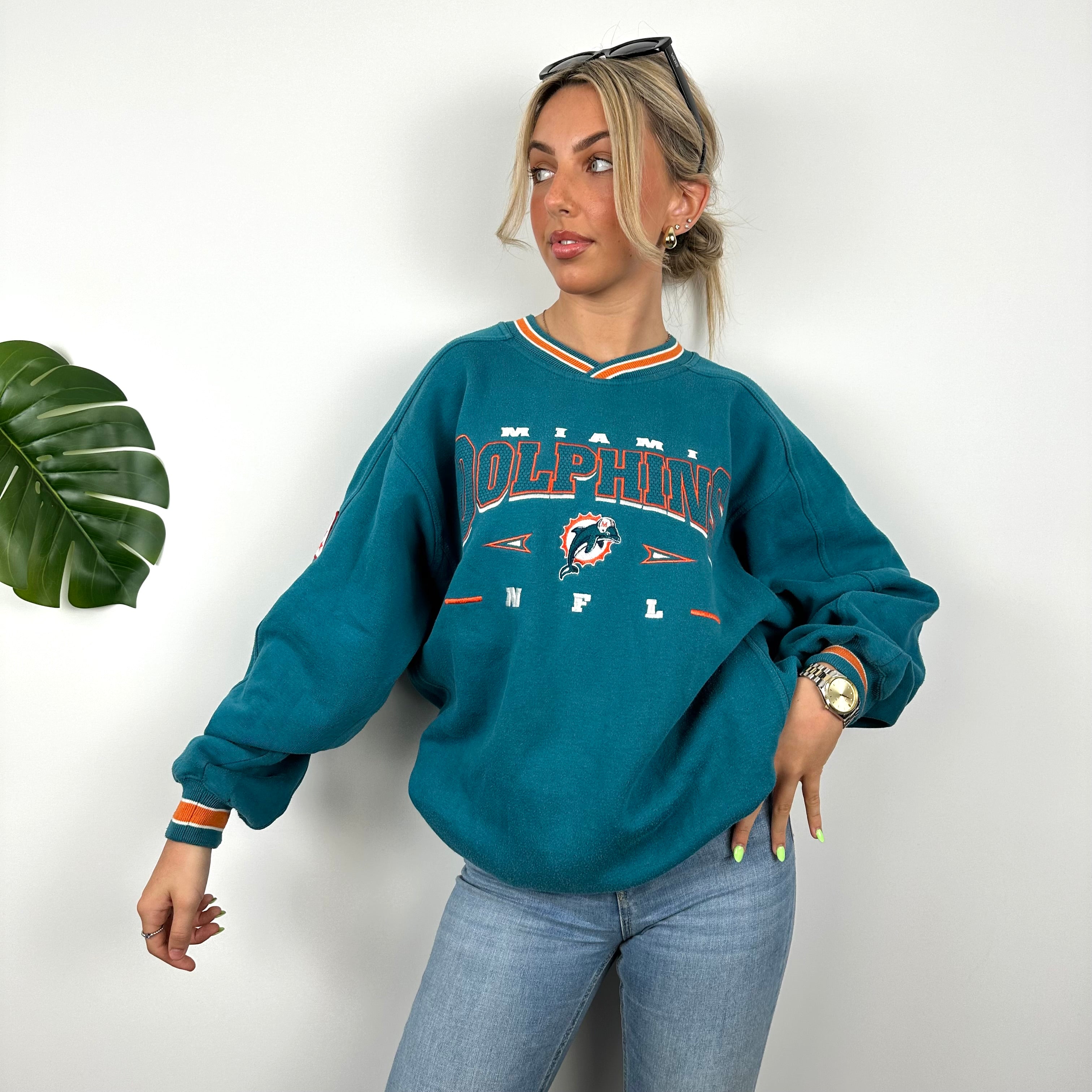 NFL Miami Dolphins Turquoise Embroidered Spell Out Sweatshirt (L)