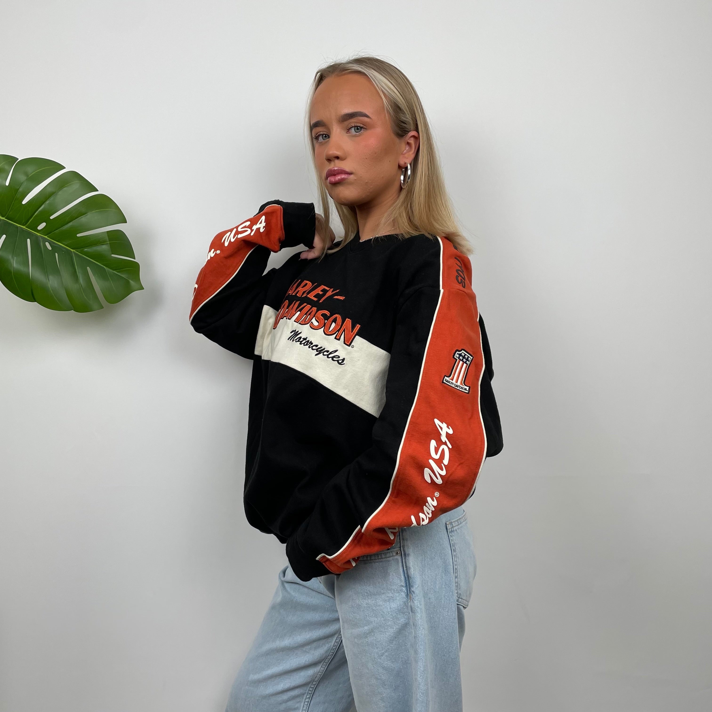 Harley Davidson RARE Black Embroidered Spell Out Sweatshirt(XL)