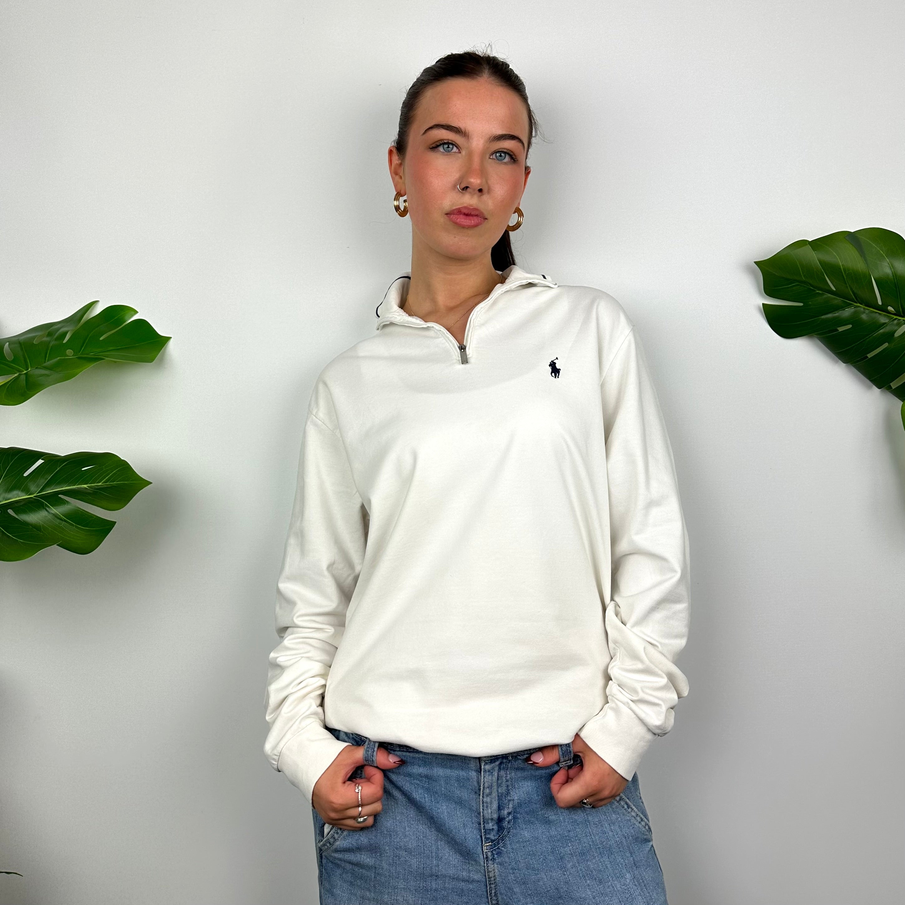 Polo Ralph Lauren White Embroidered Logo Quarter Zip Sweatshirt (S)