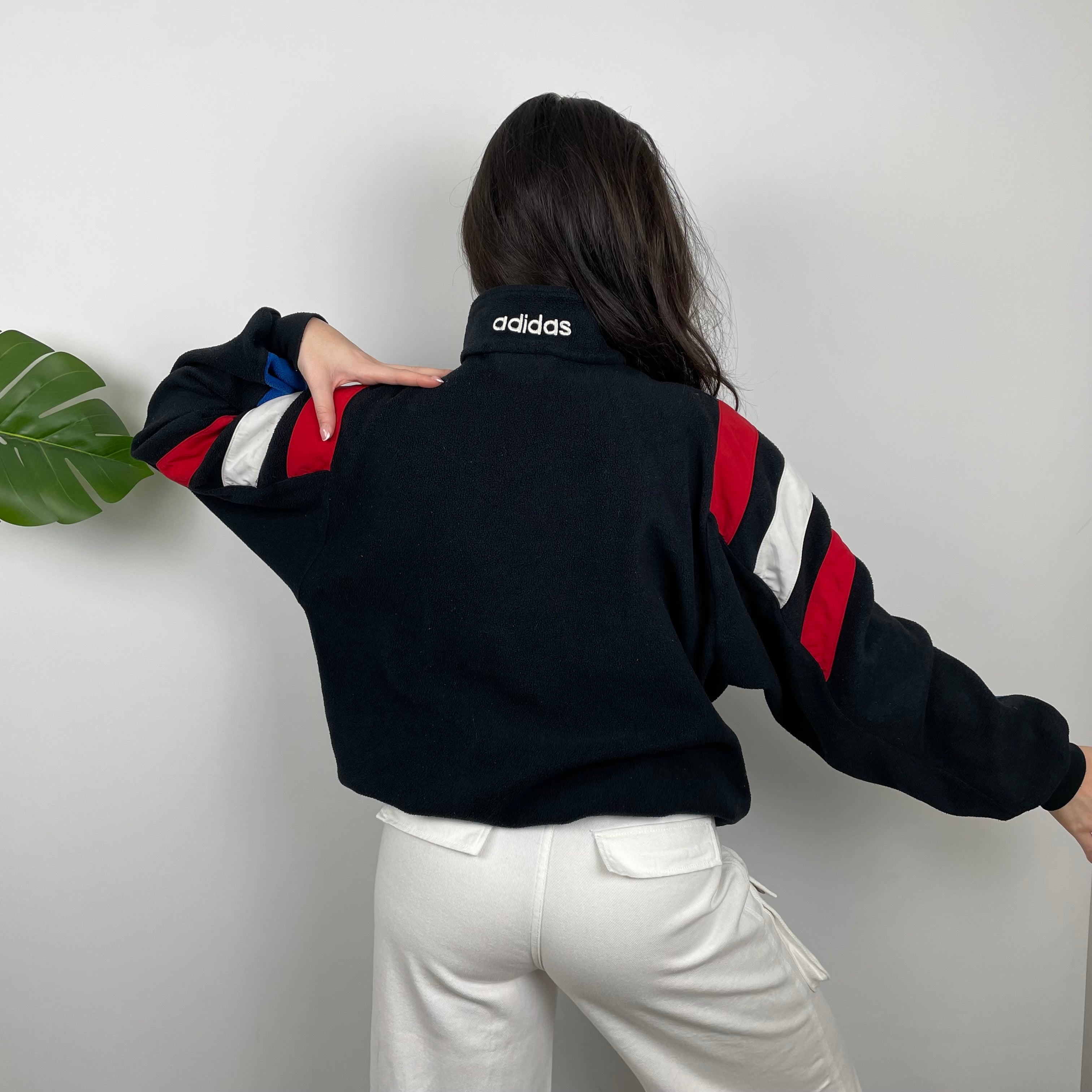 Adidas Blue RARE Colour Block Embroidered Spell Out Teddy Bear Fleece Quarter Zip Sweatshirt (L)