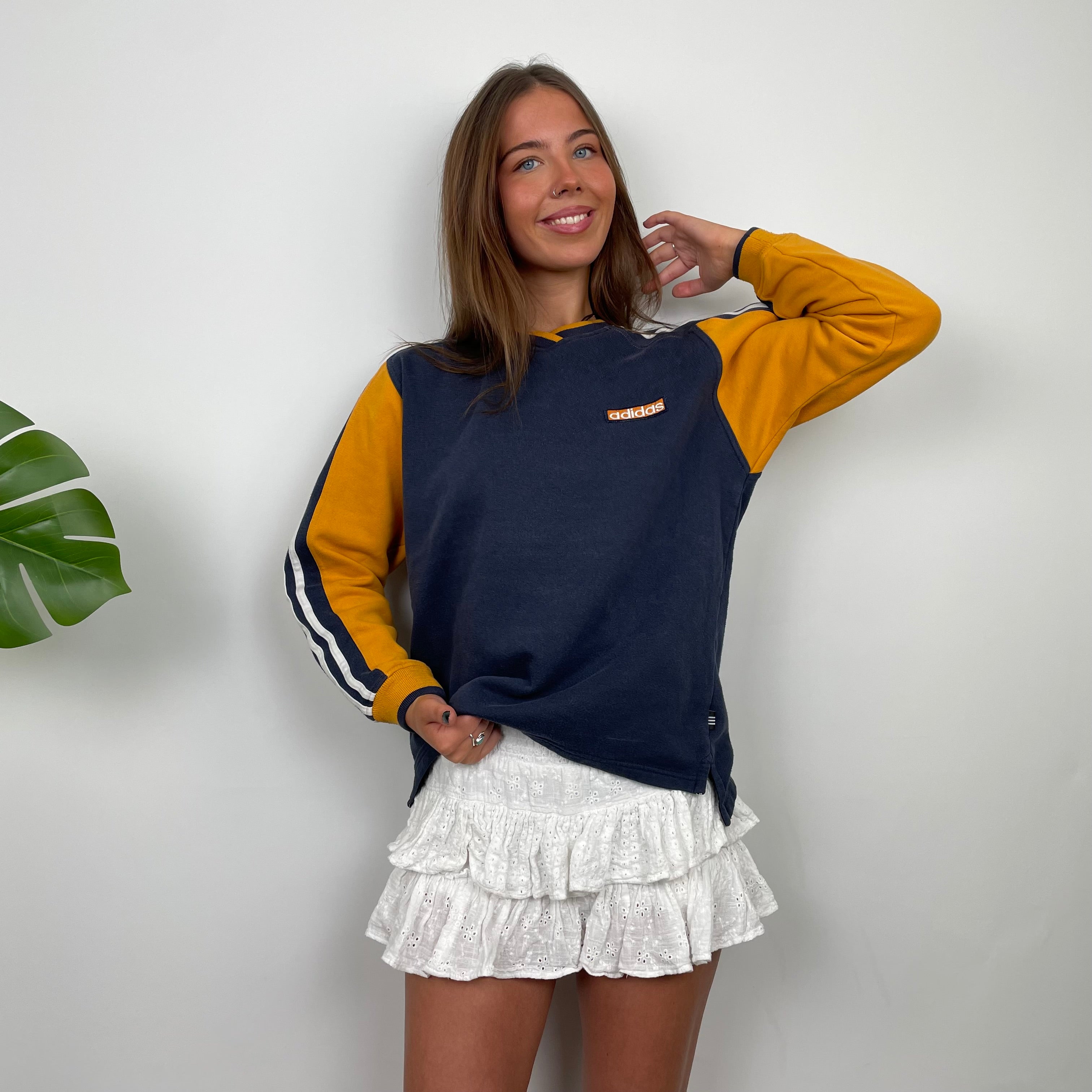 Adidas RARE Navy and Yellow Embroidered Spell Out Sweatshirt (S)