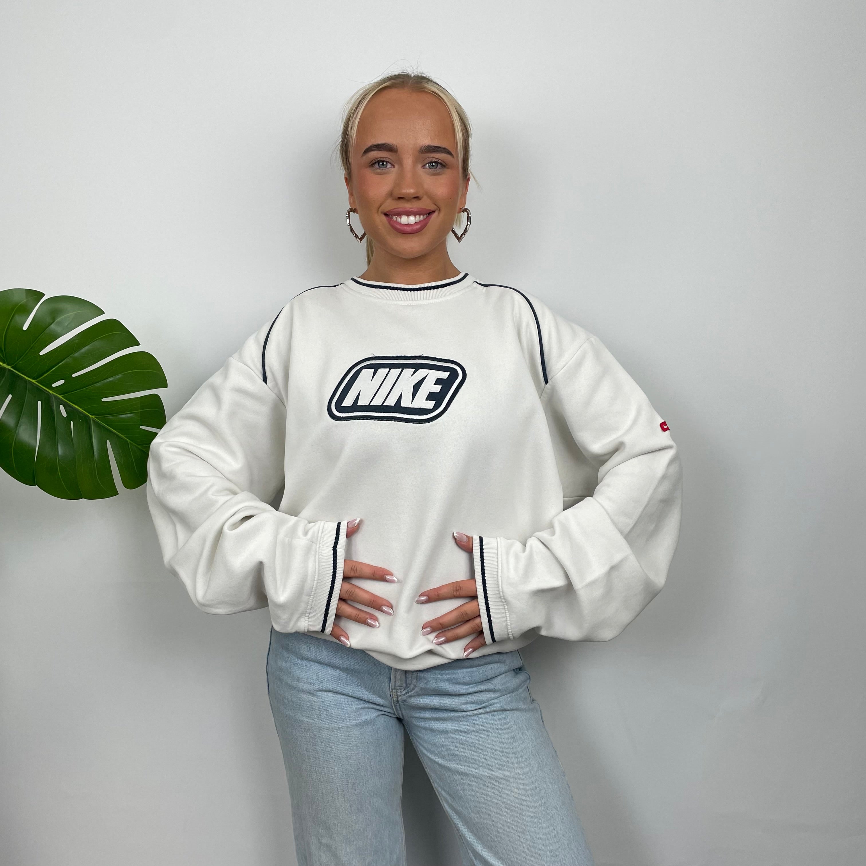 Nike RARE White Embroidered Spell Out Sweatshirt as worn by Molly Mae (XL)