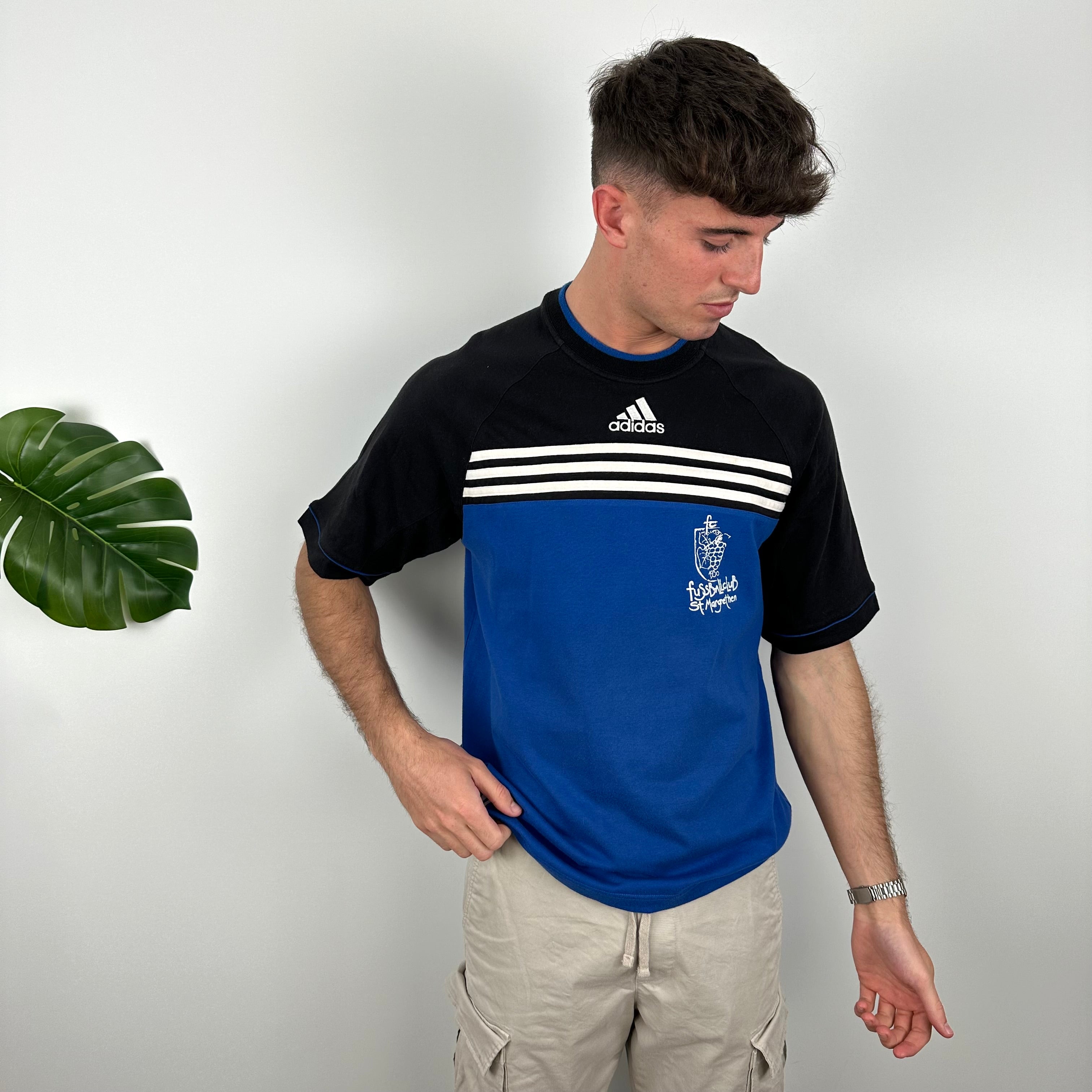 Adidas RARE Black & Blue Embroidered Spell Out T Shirt (L)