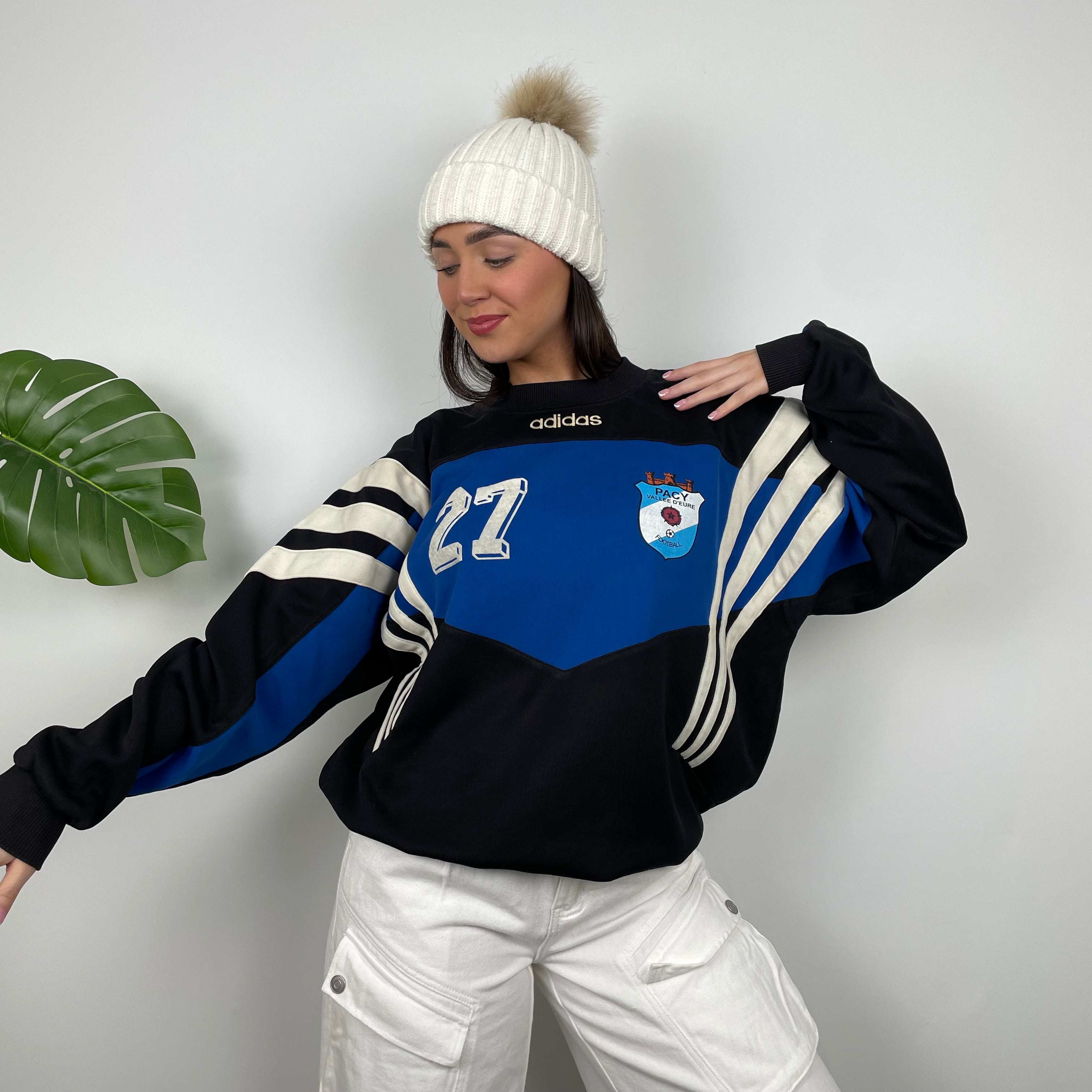 Adidas Black & Blue Embroidered Spell Out Colour Block Sweatshirt (L)