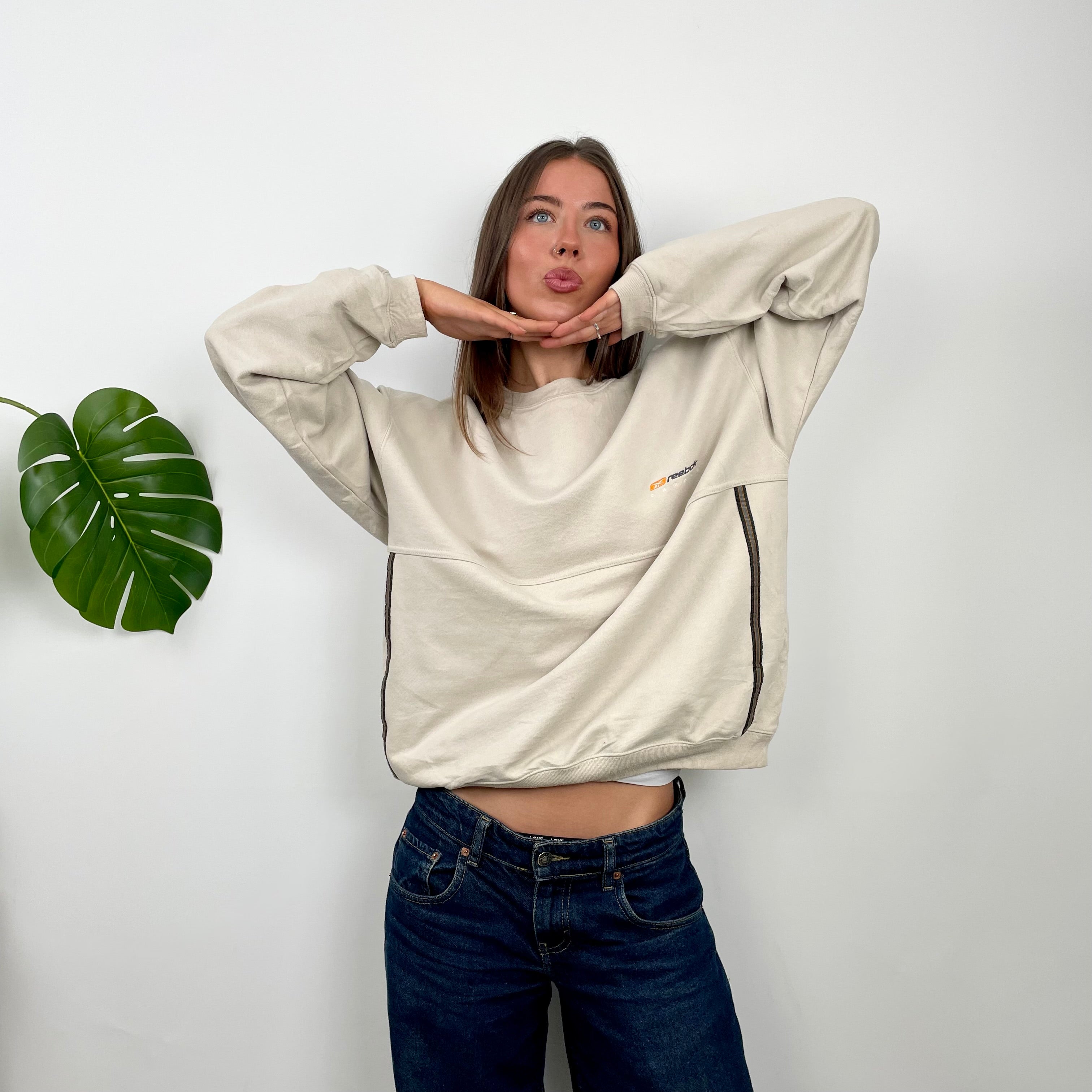 Reebok Cream Embroidered Spell Out Sweatshirt (S)
