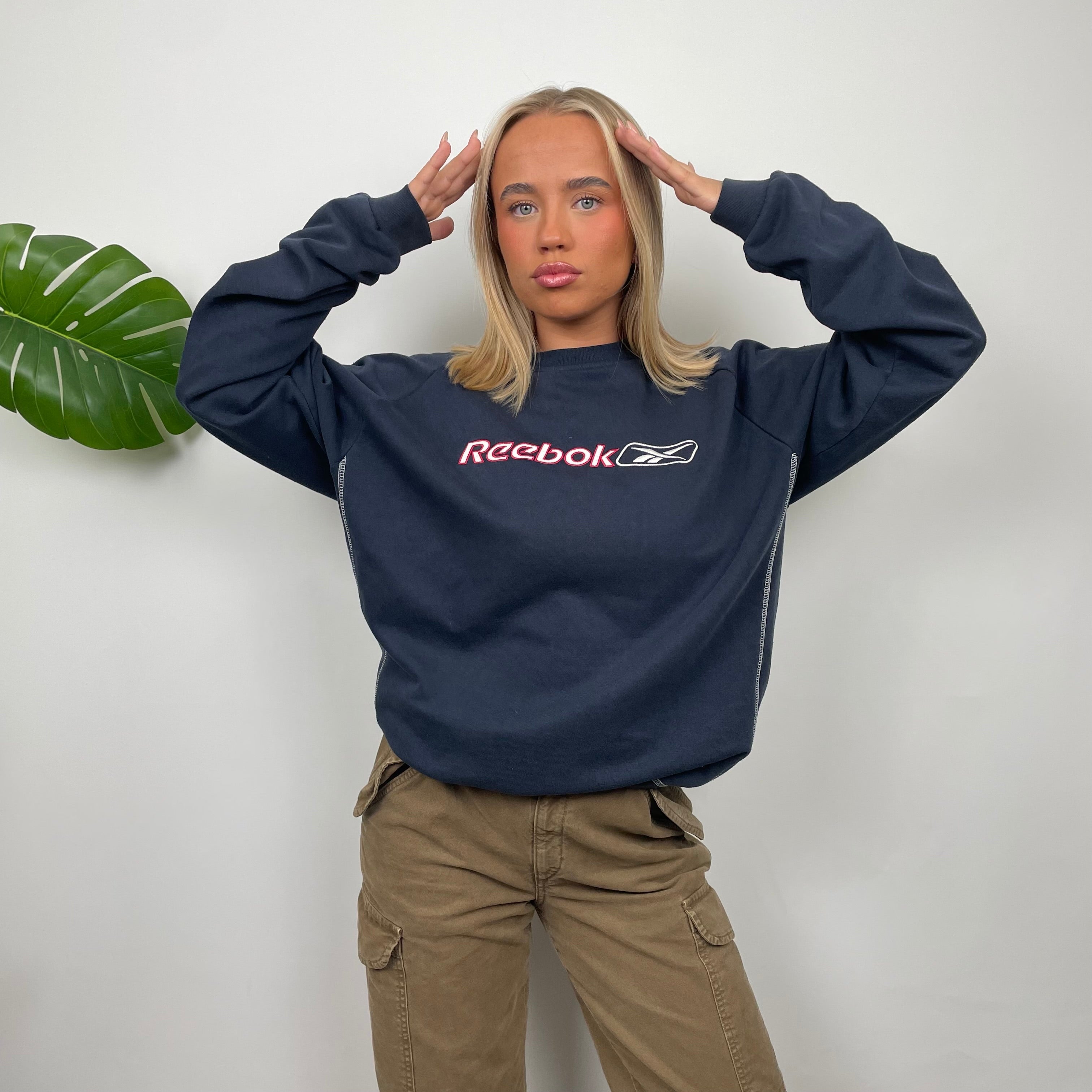 Reebok Navy Embroidered Spell Out Sweatshirt (L)