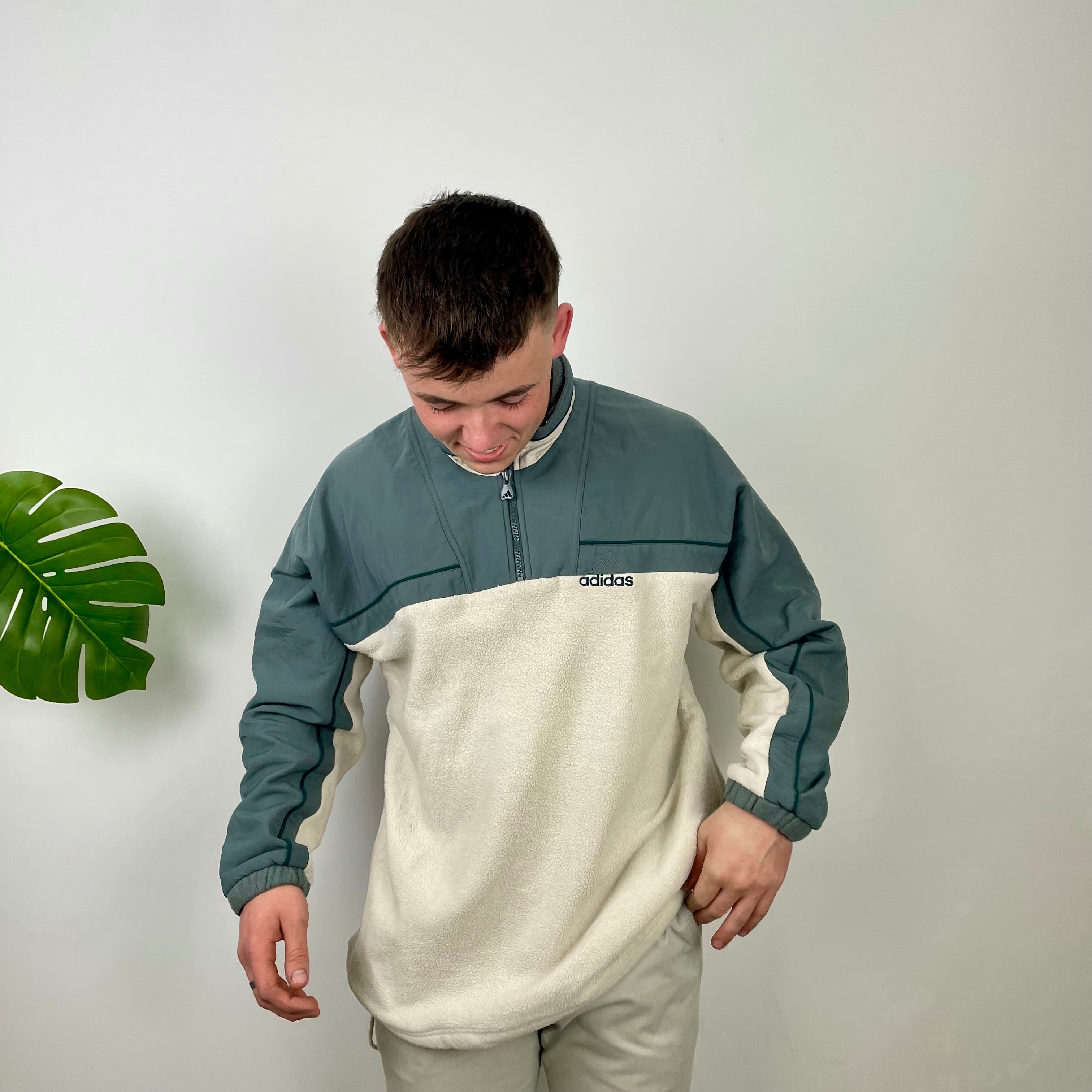 Adidas RARE Cream Embroidered Spell Out Teddy Bear Fleece Quarter Zip Sweatshirt (XL)