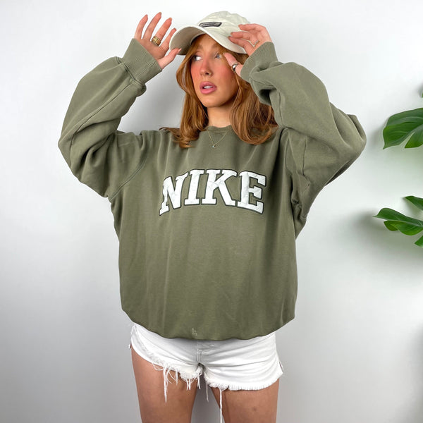 Nike Khaki Green Embroidered Spell Out Sweatshirt (M)