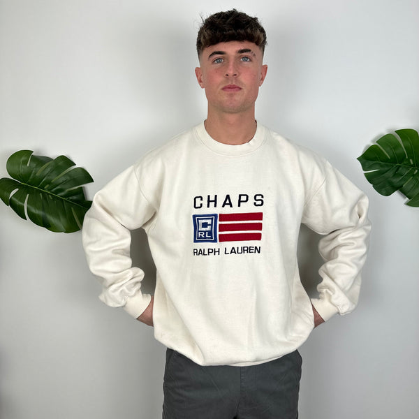 Chaps Ralph Lauren Cream Embroidered Spell Out Sweatshirt (XL)