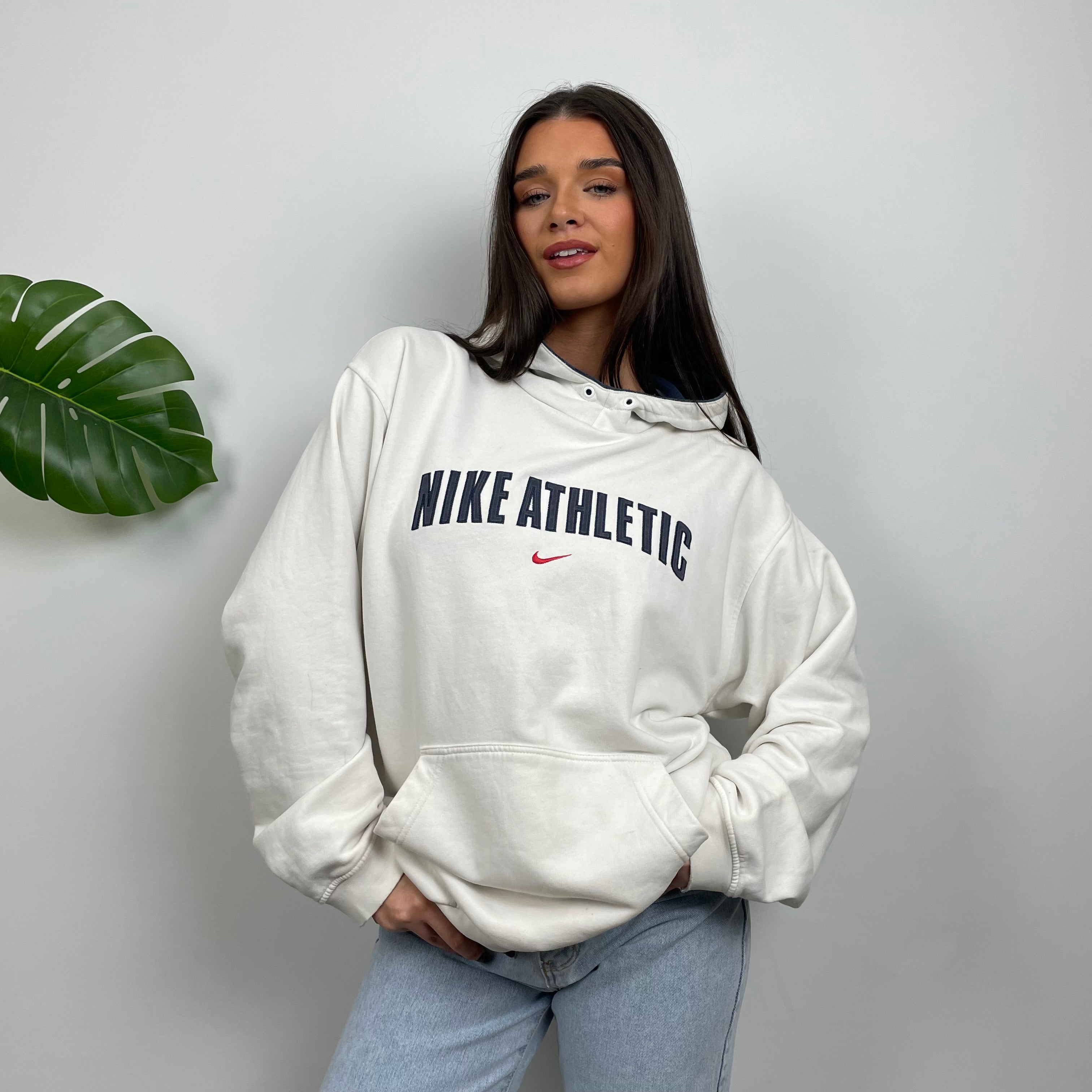 Nike Athletic White Embroidered Spell Out Hoodie (L)