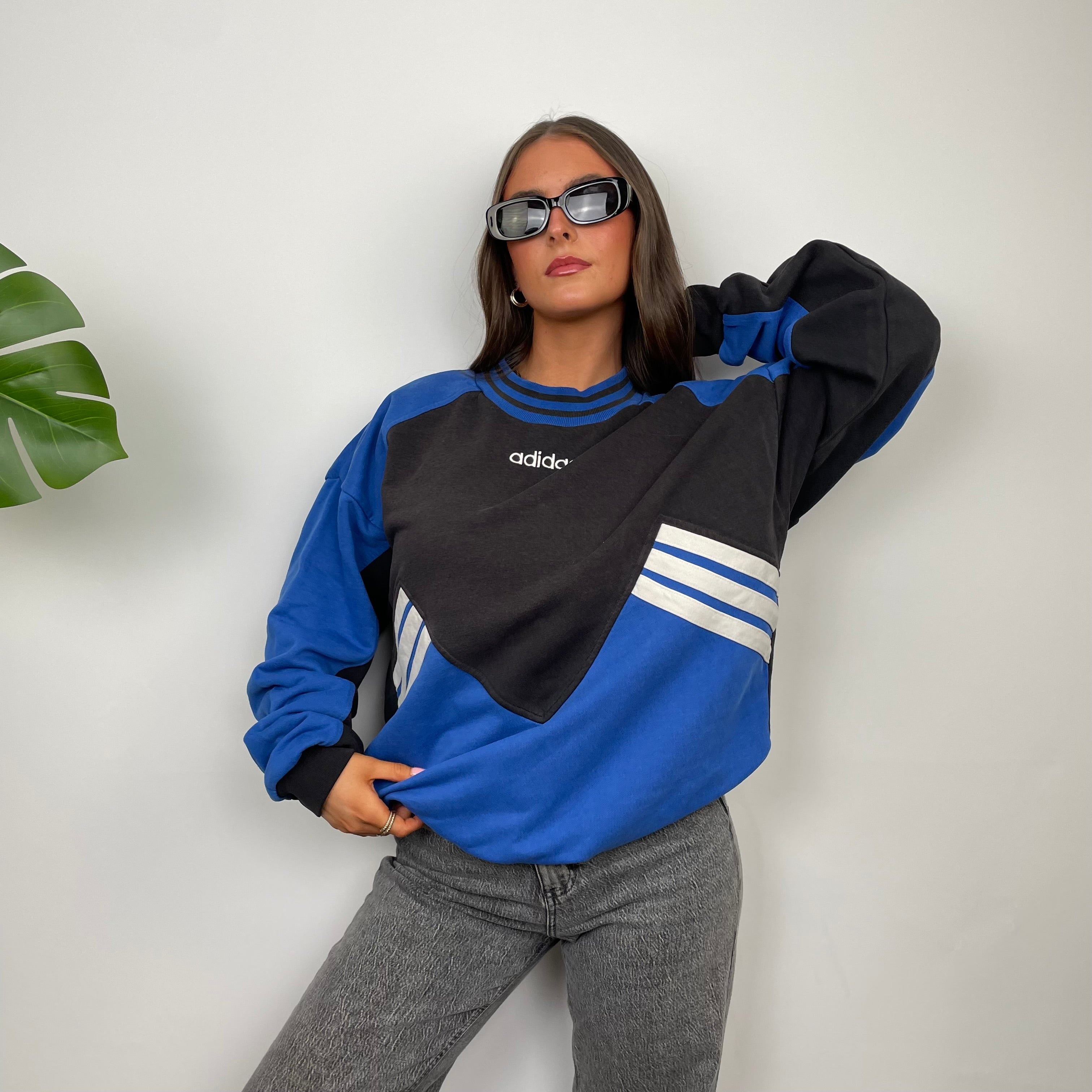 Adidas Black & Blue Embroidered Spell Out Colour Block Sweatshirt (L)