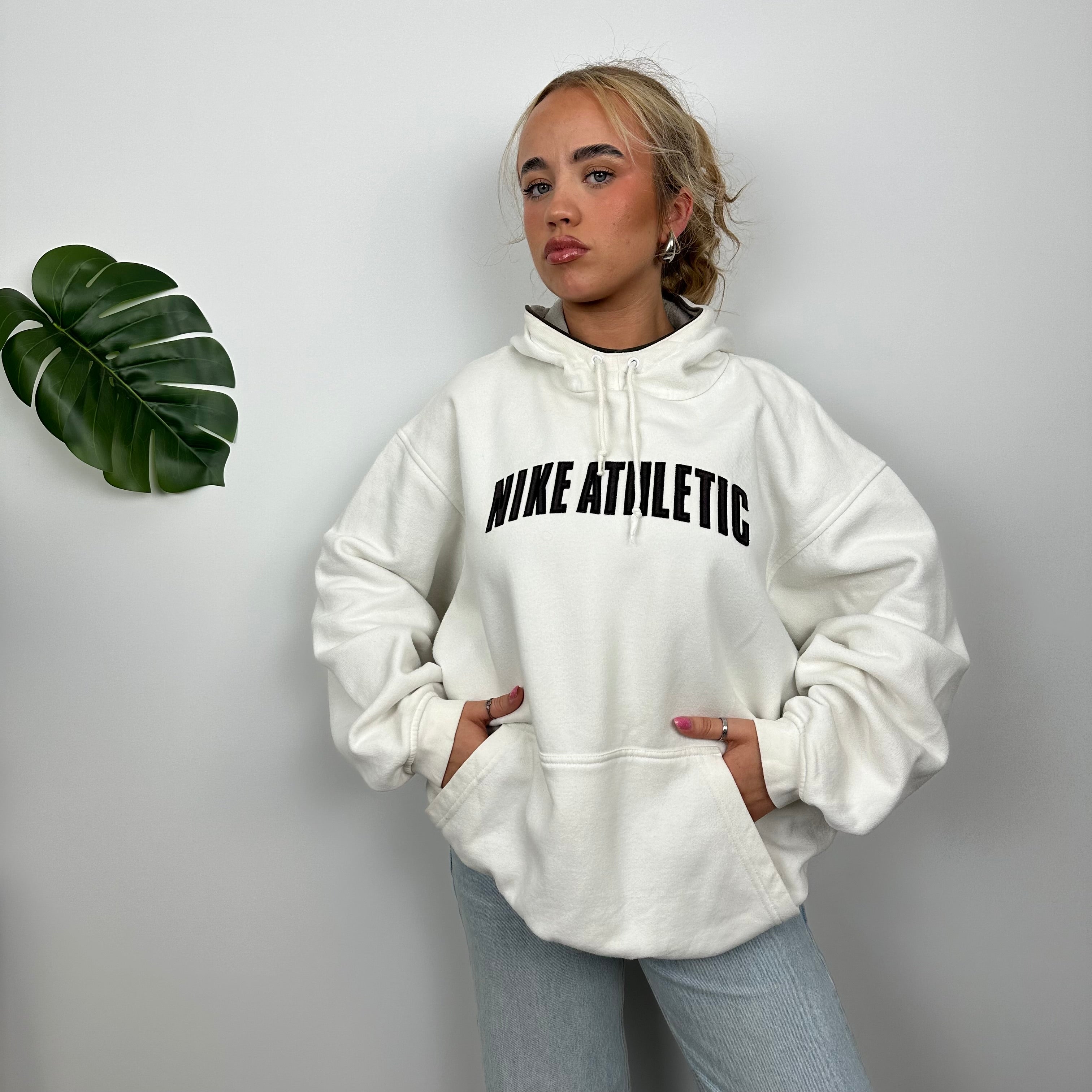 Nike Athletic White Embroidered Spell Out Hoodie (L)