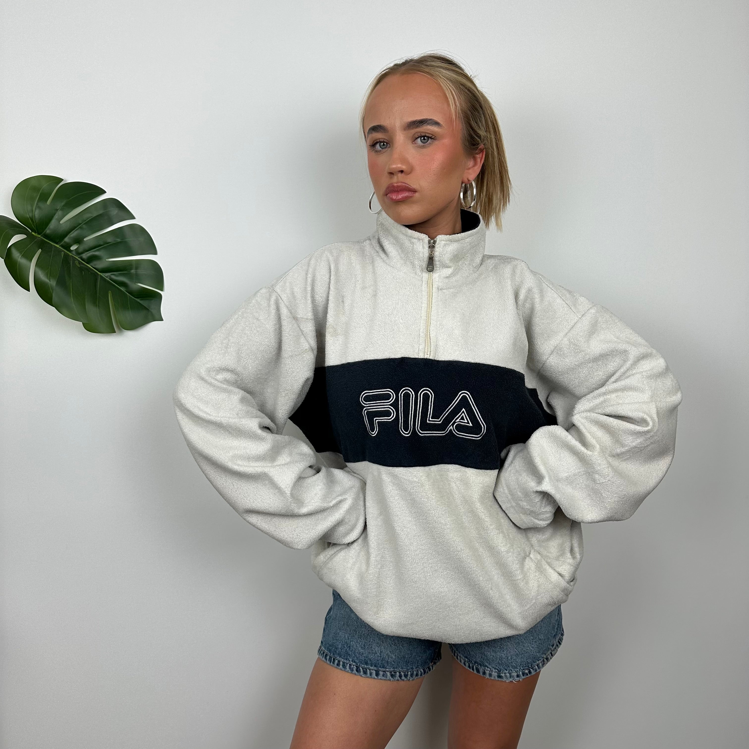 FILA White Embroidered Spell Out Teddy Bear Fleece Quarter Zip Sweatshirt (L)