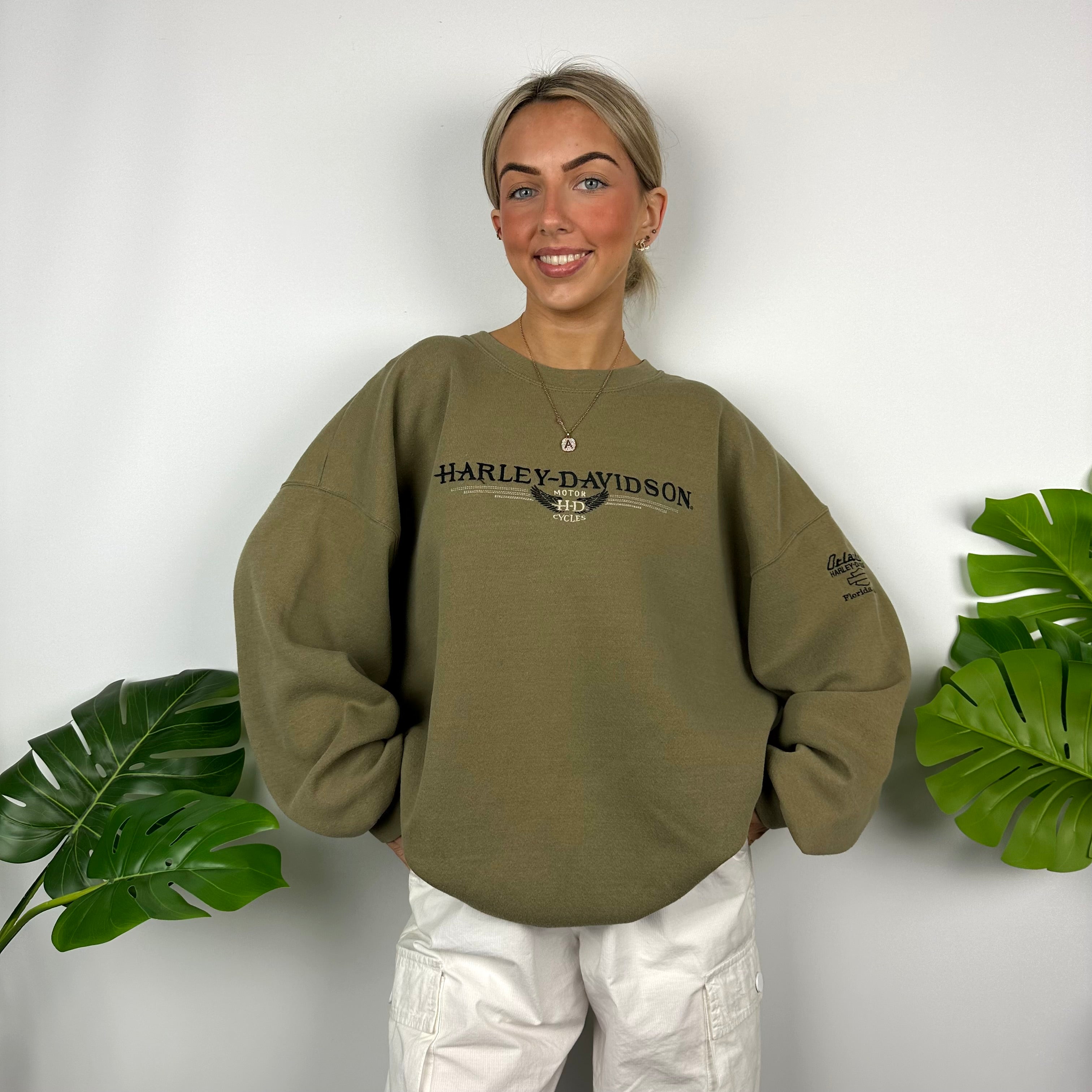 Harley Davidson Khaki Green Embroidered Spell Out Sweatshirt (XL)