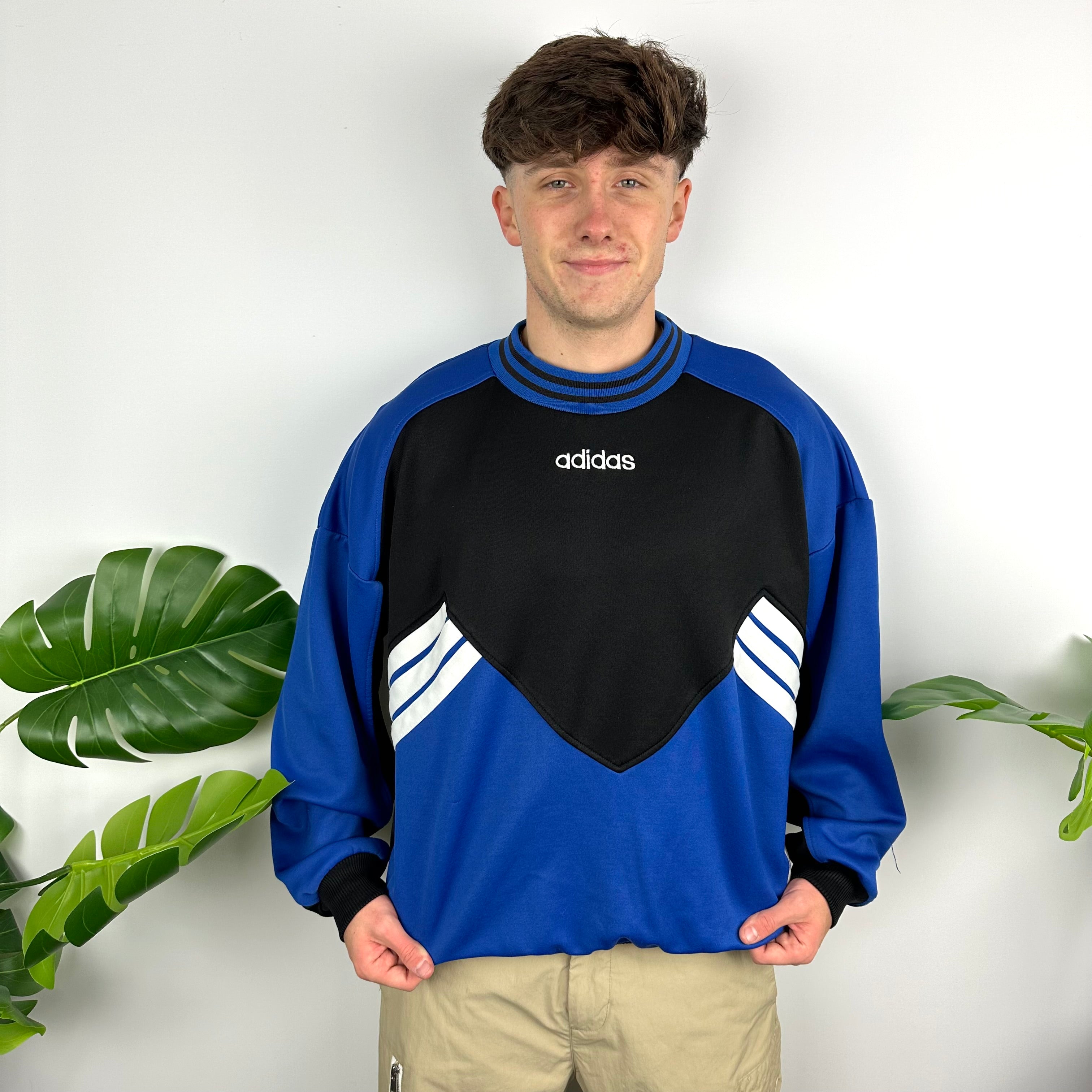 Adidas Black & Blue Embroidered Spell Out Colour Block Sweatshirt (M)