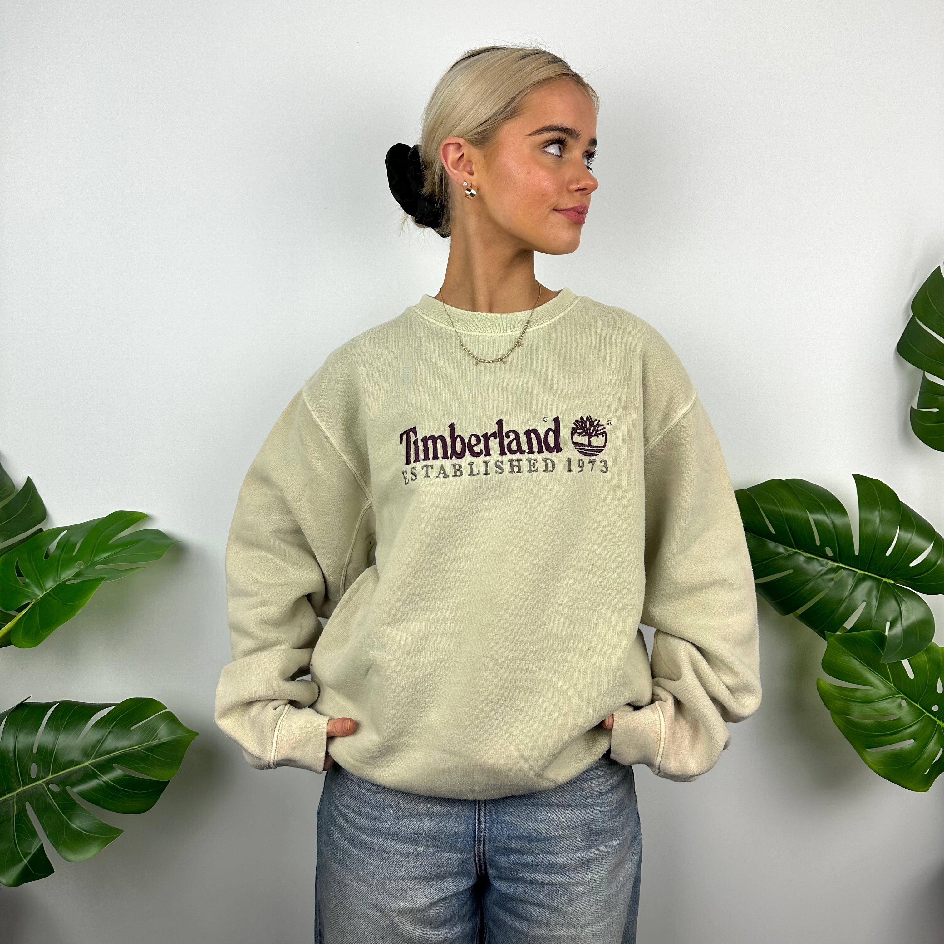 Timberland Beige Embroidered Spell Out Sweatshirt (M)