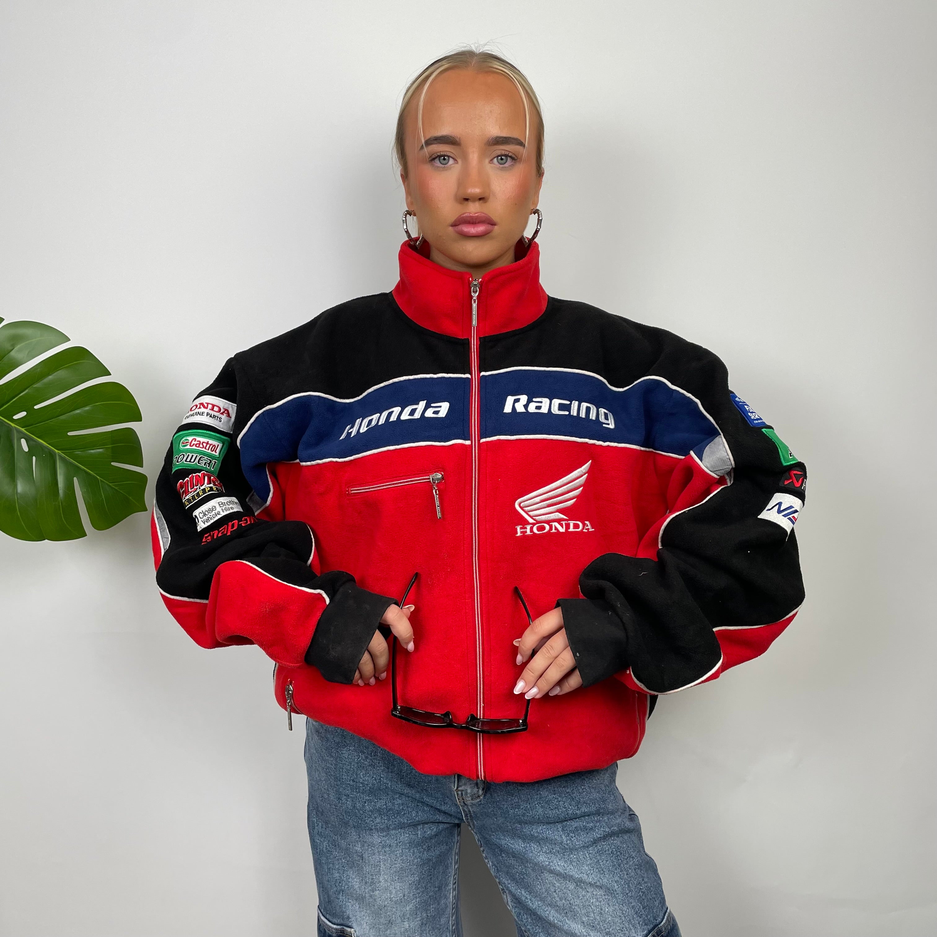 Honda Racing Red Embroidered Spell Out Zip Up Hoodie Jacket (XXXL)