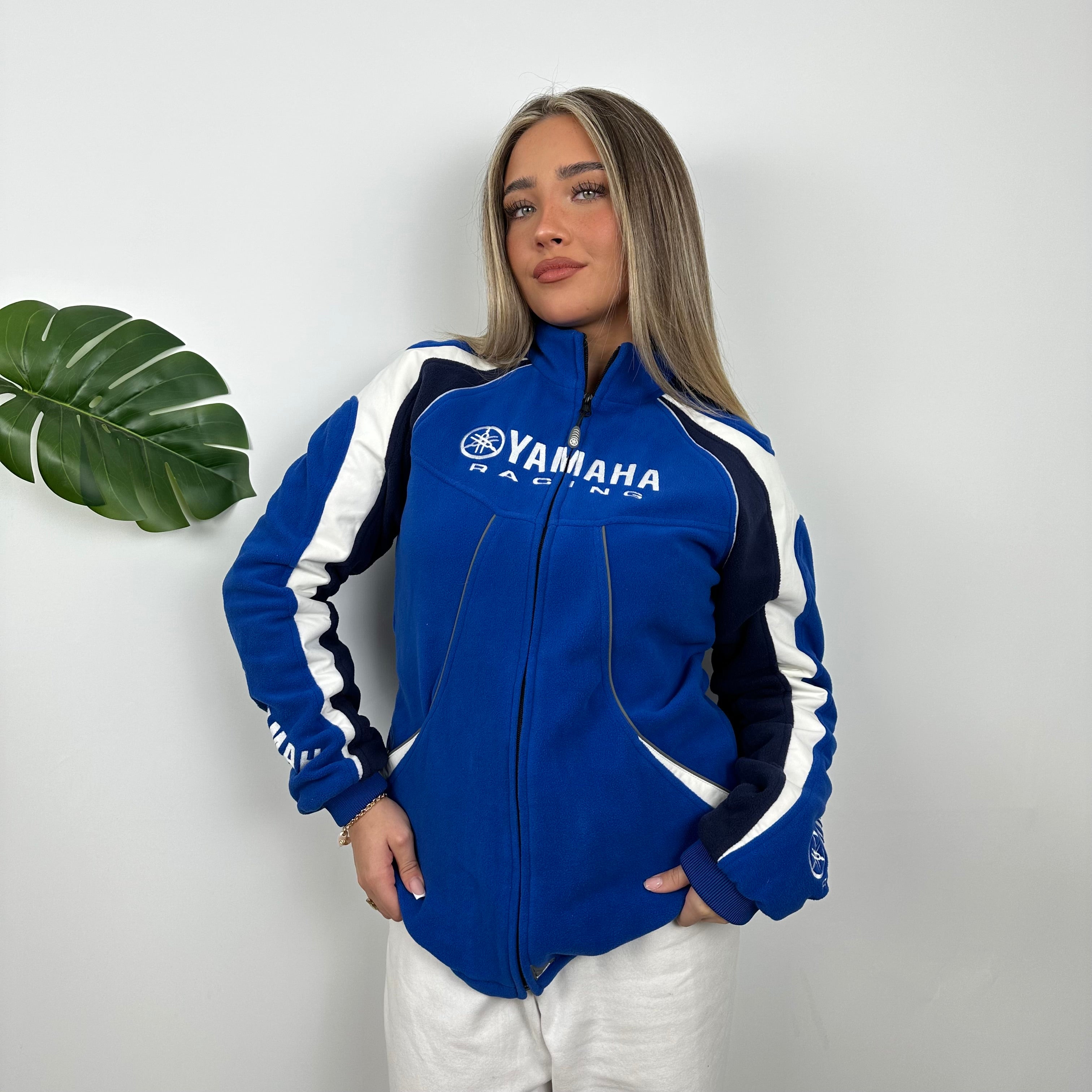 Yamaha Racing Team Blue Embroidered Spell Out Zip Up Hoodie Jacket (M)