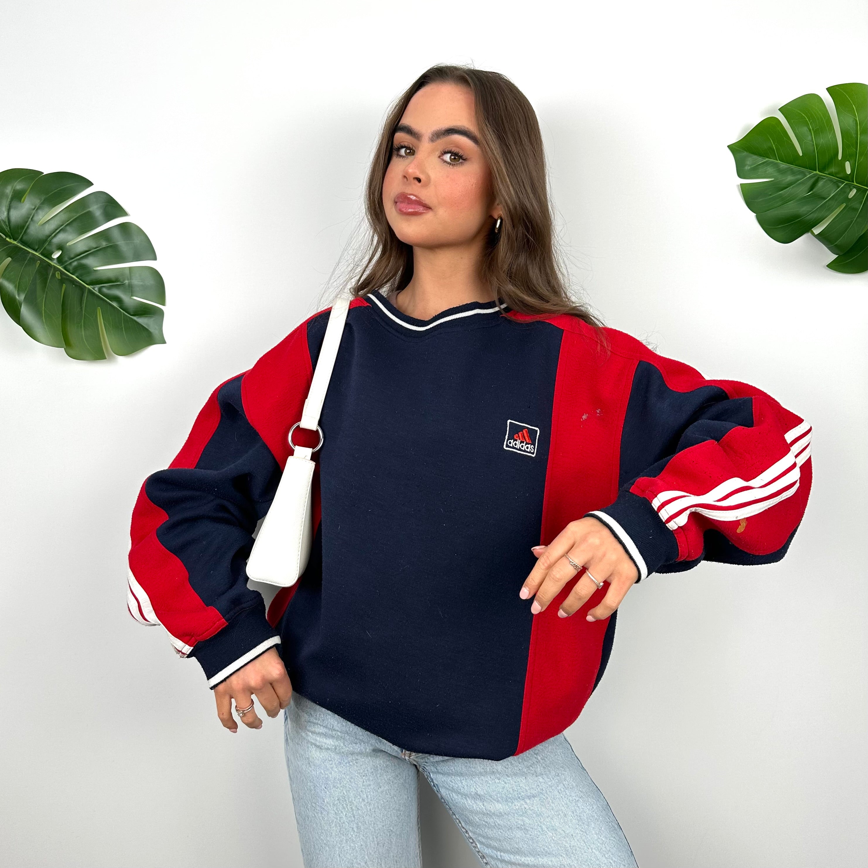 Adidas Navy and Red Embroidered Spell Out Sweatshirt (L)