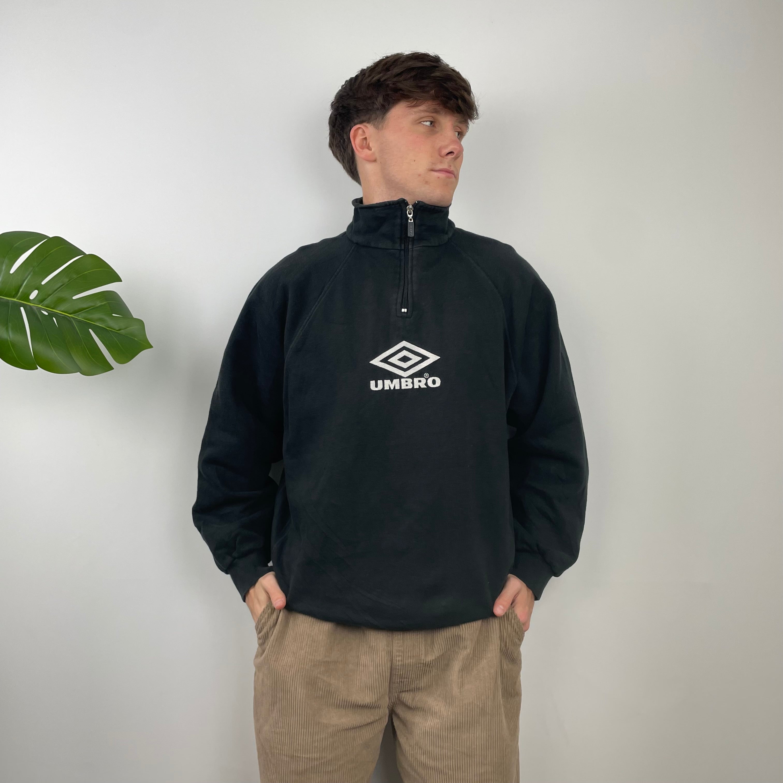 Umbro RARE Black Embroidered Spell Out Quarter Zip Sweatshirt (M)
