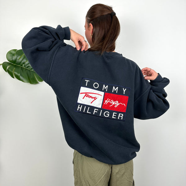 Tommy Hilfiger RARE Navy Embroidered Spell Out Sweatshirt (L)