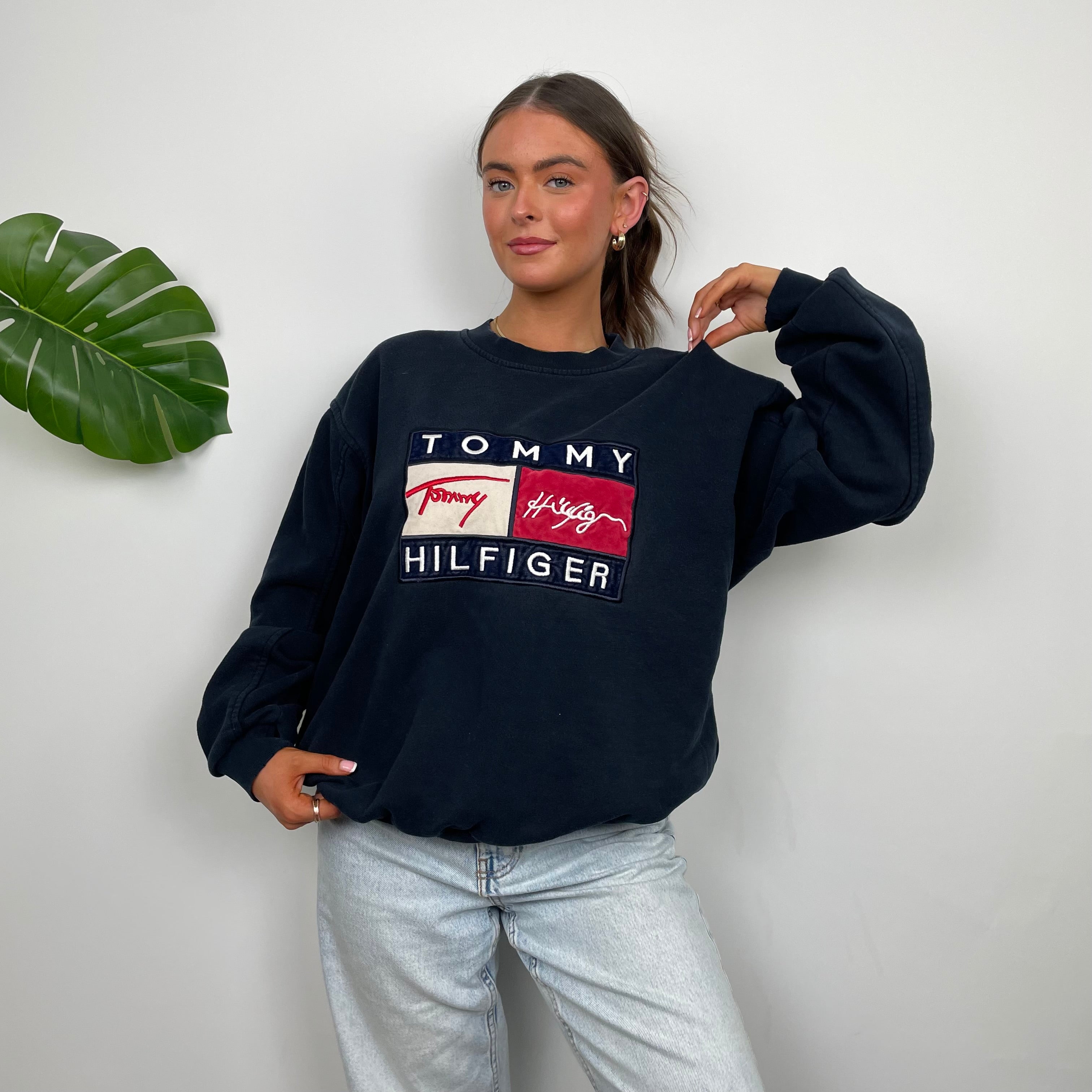 Tommy Hilfiger RARE Navy Embroidered Spell Out Sweatshirt (L)