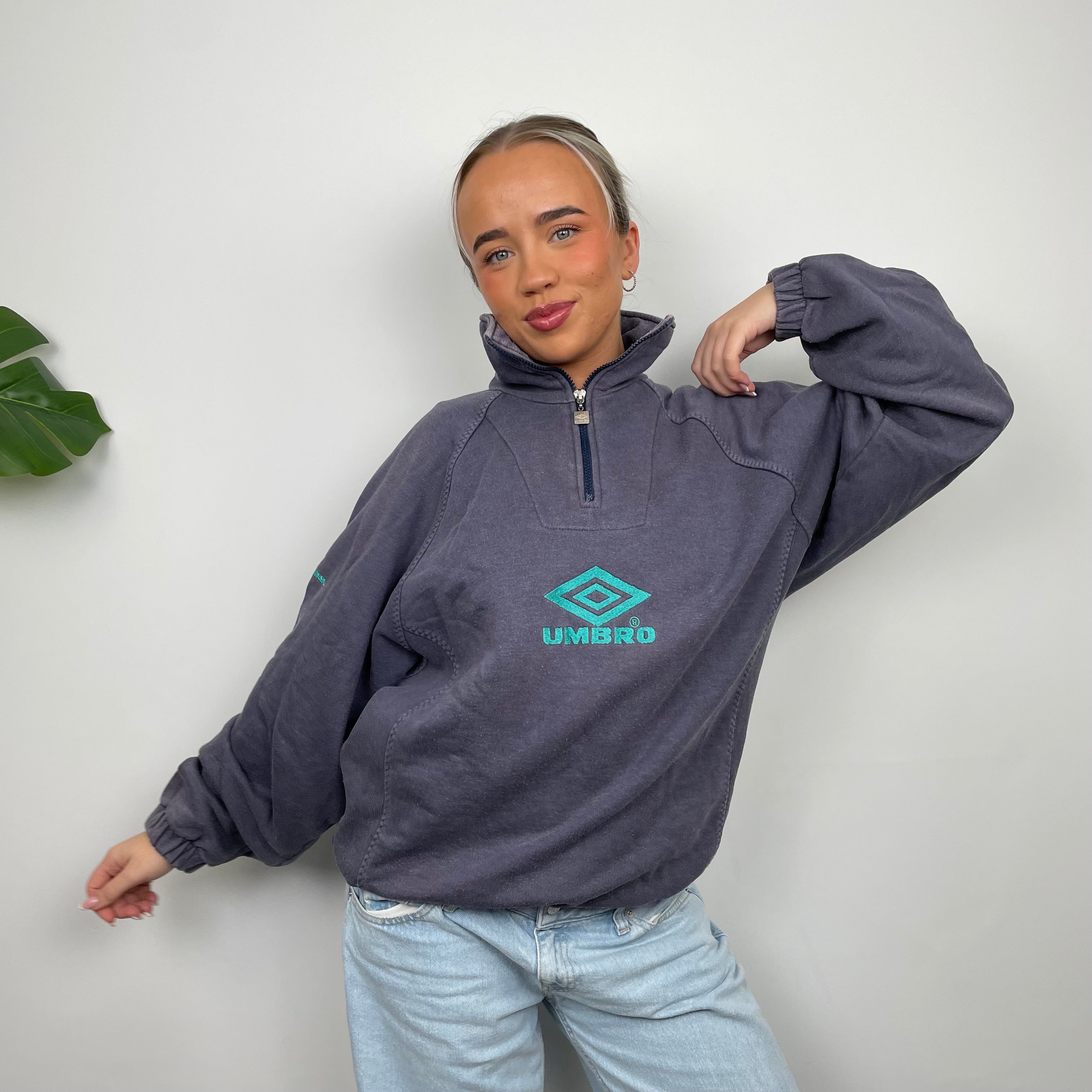 Umbro RARE Navy Embroidered Spell Out Quarter Zip Sweatshirt (L)