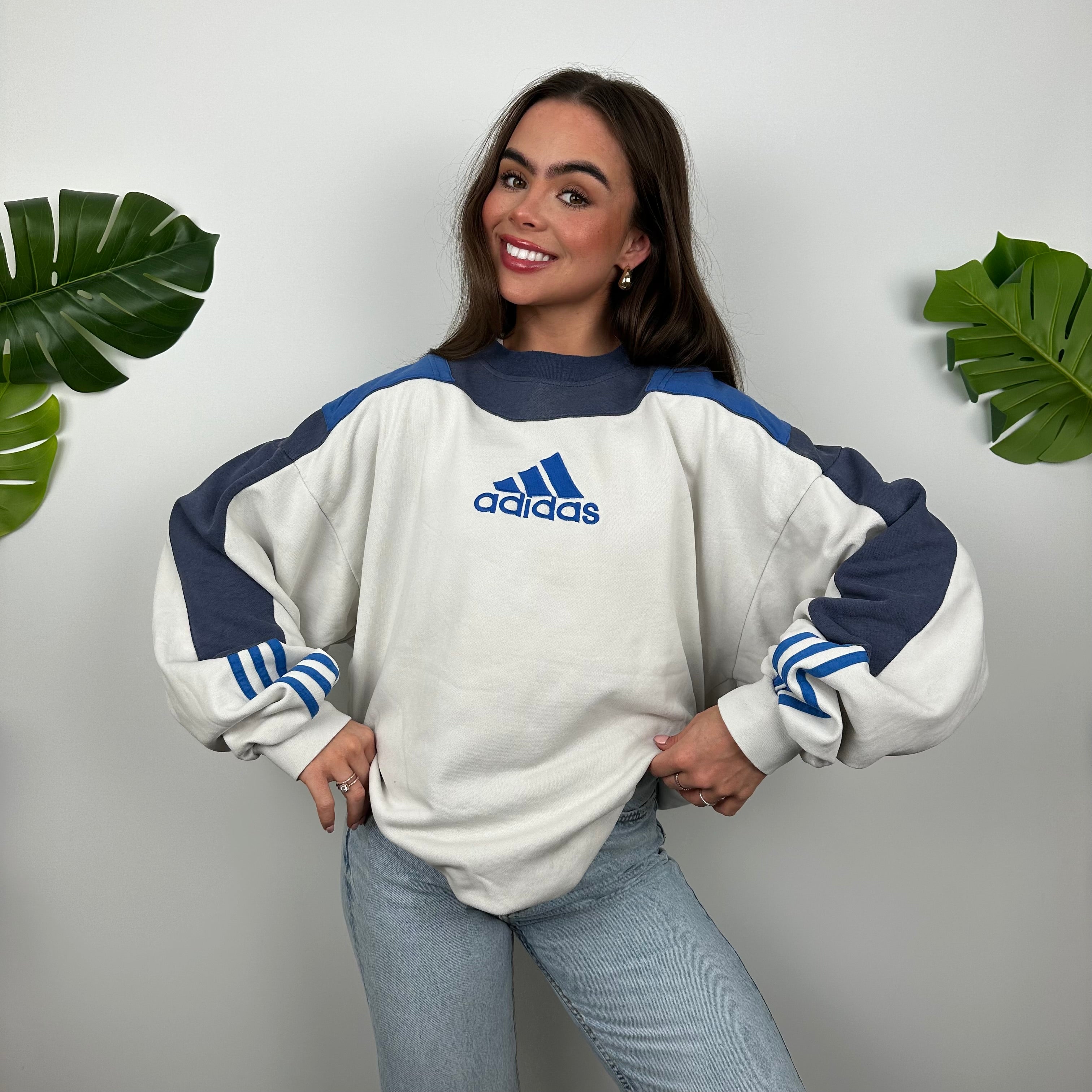 Adidas White and Navy Embroidered Spell Out Sweatshirt (L)