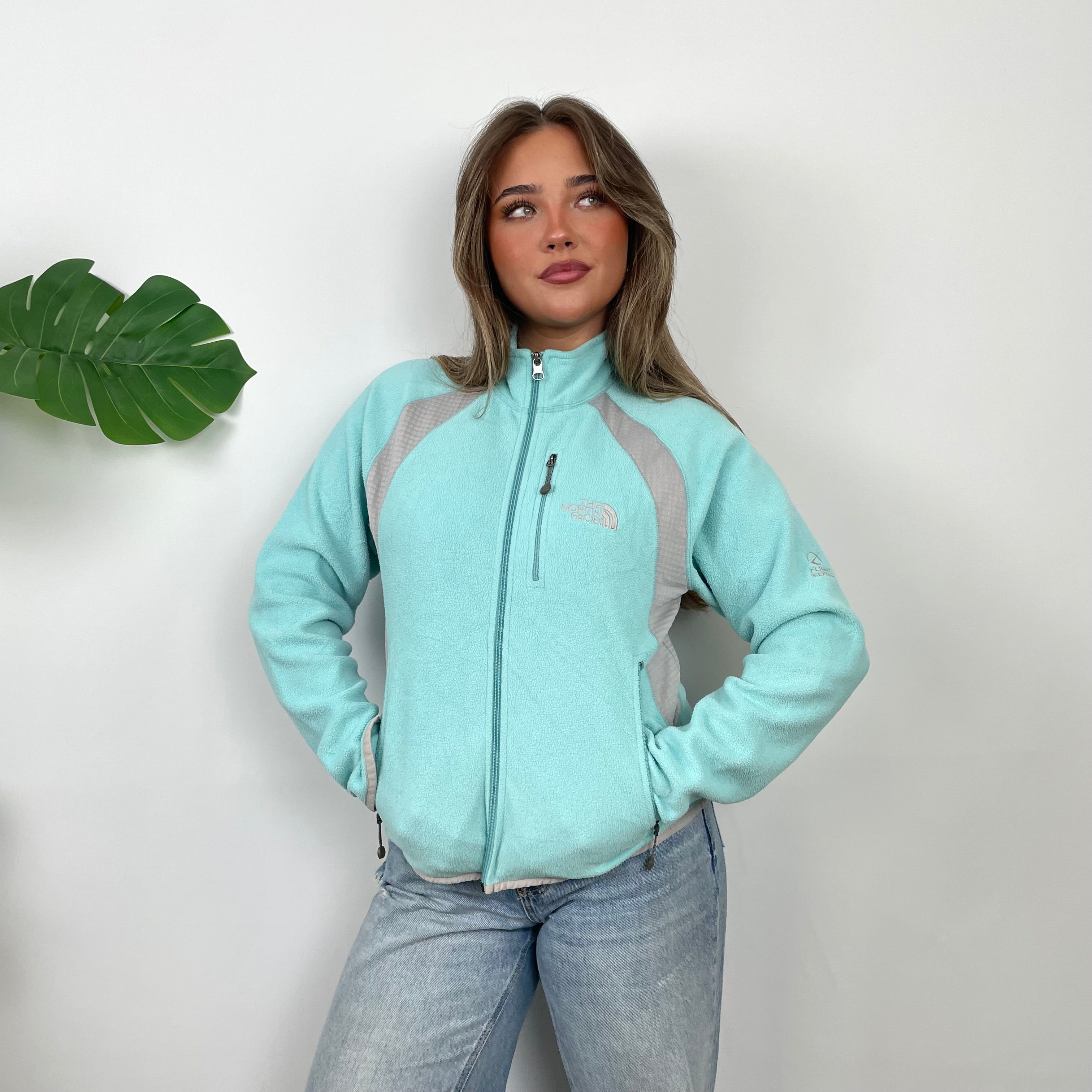 North Face Turquoise Teddy Bear Quarter Zip Fleece Jacket (S)