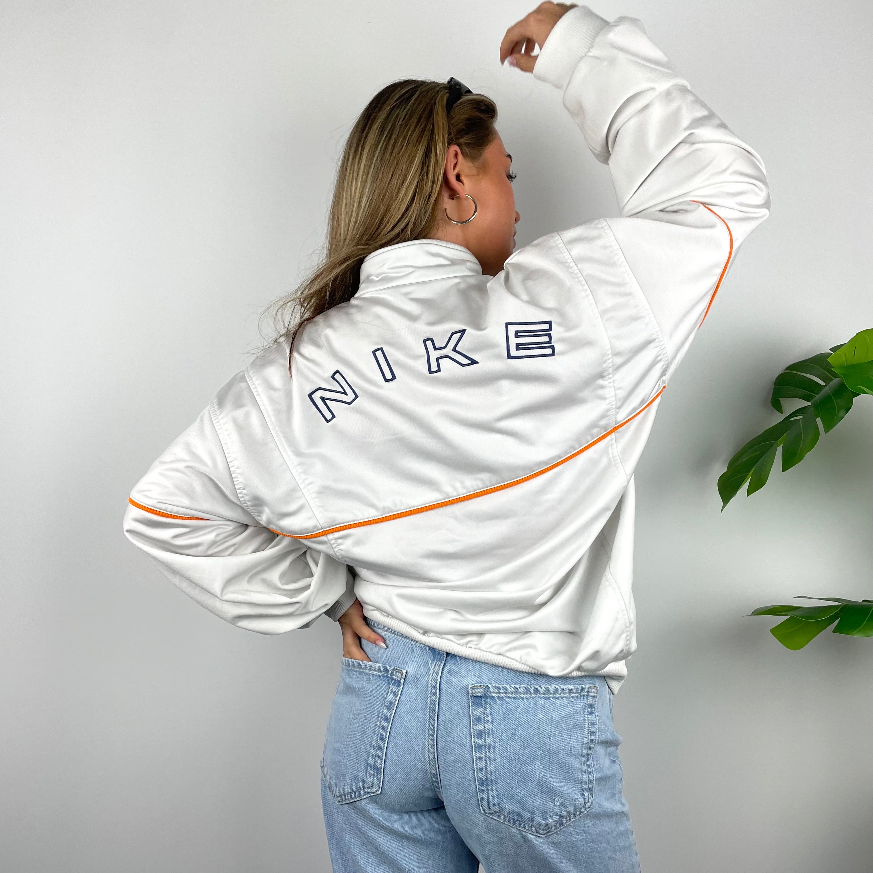 Nike RARE White Embroidered Spell Out Zip Up Track Jacket (L)