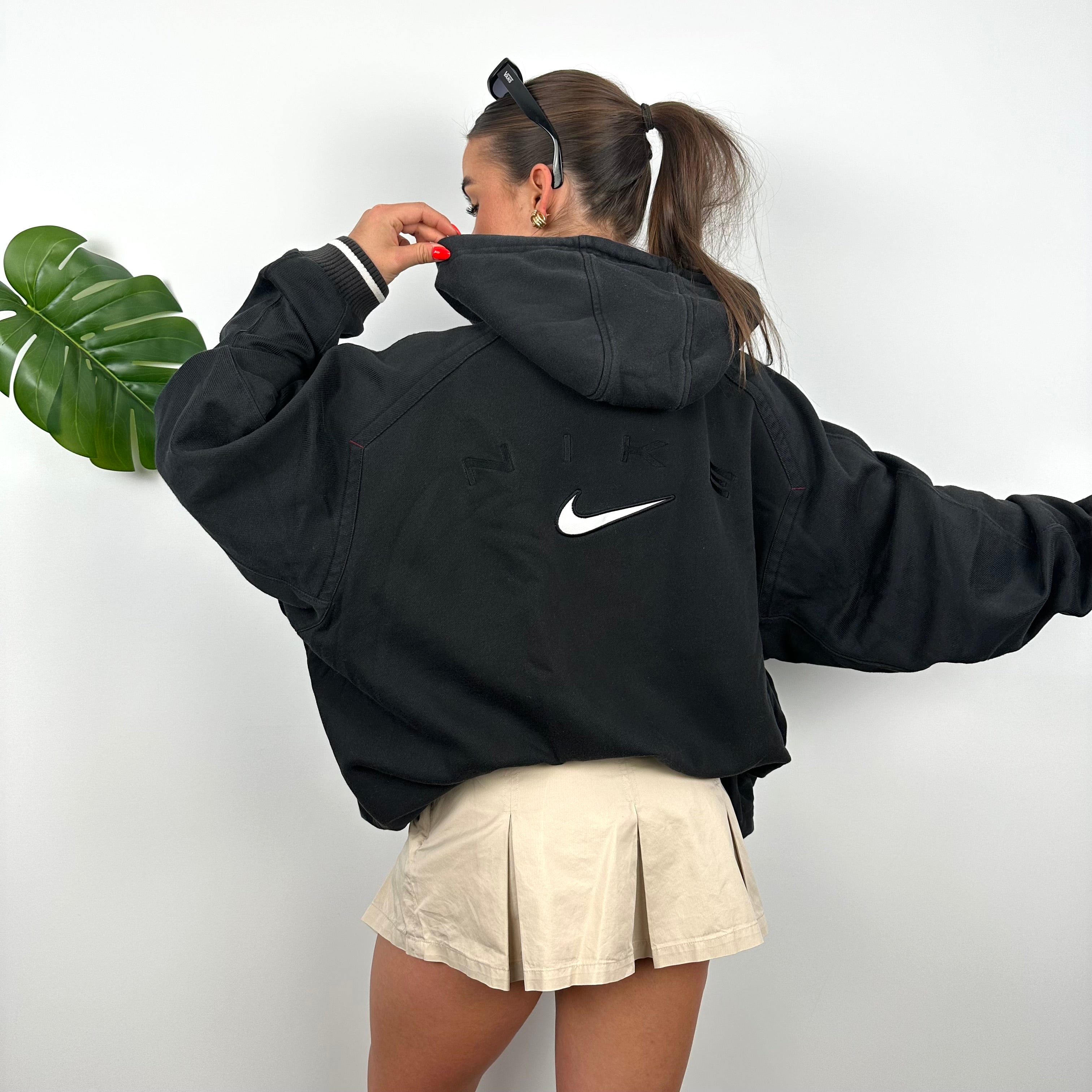 Nike RARE Black Embroidered Swoosh Zip Up Hoodie (XL)