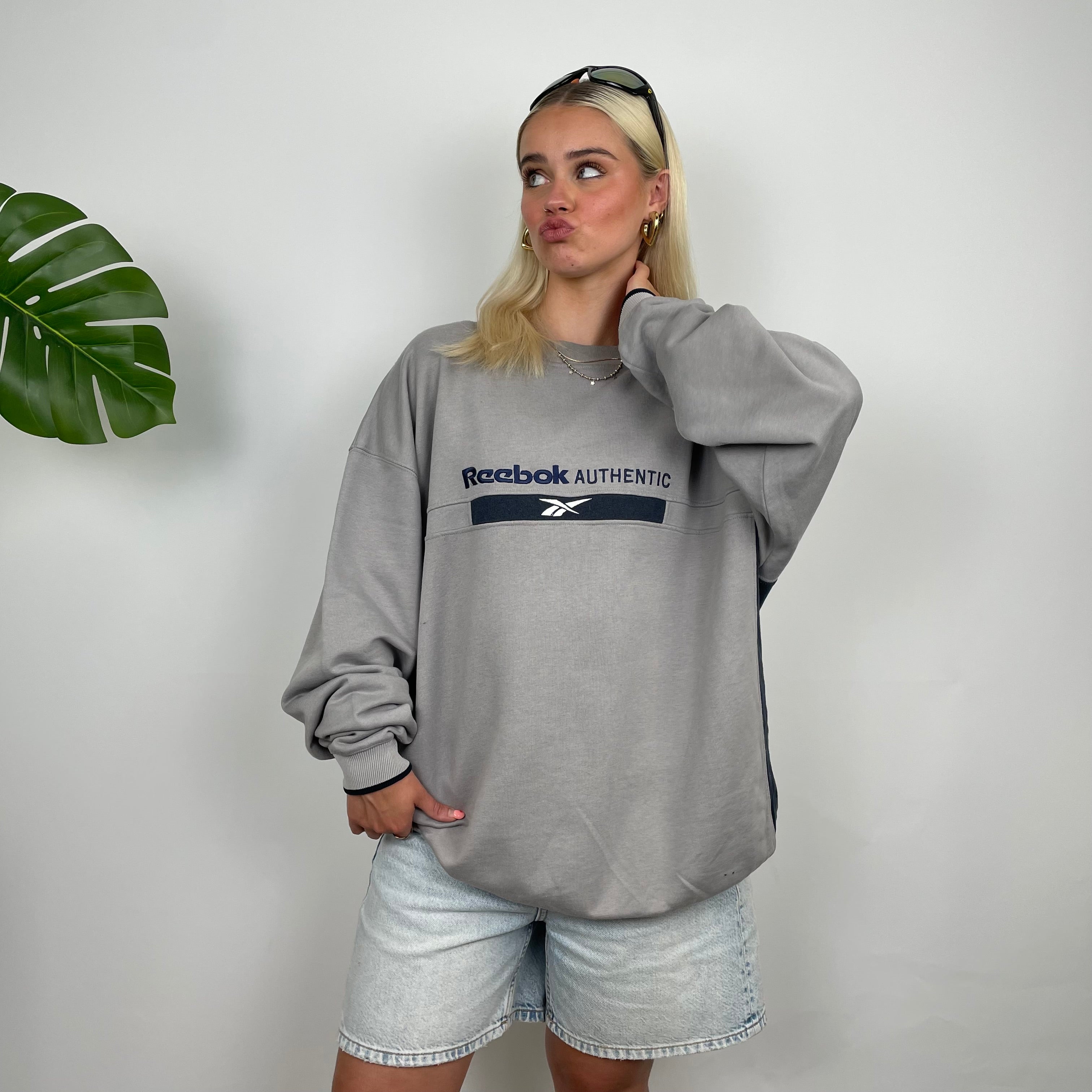 Reebok Authentic Grey Embroidered Spell Out Sweatshirt (XL)