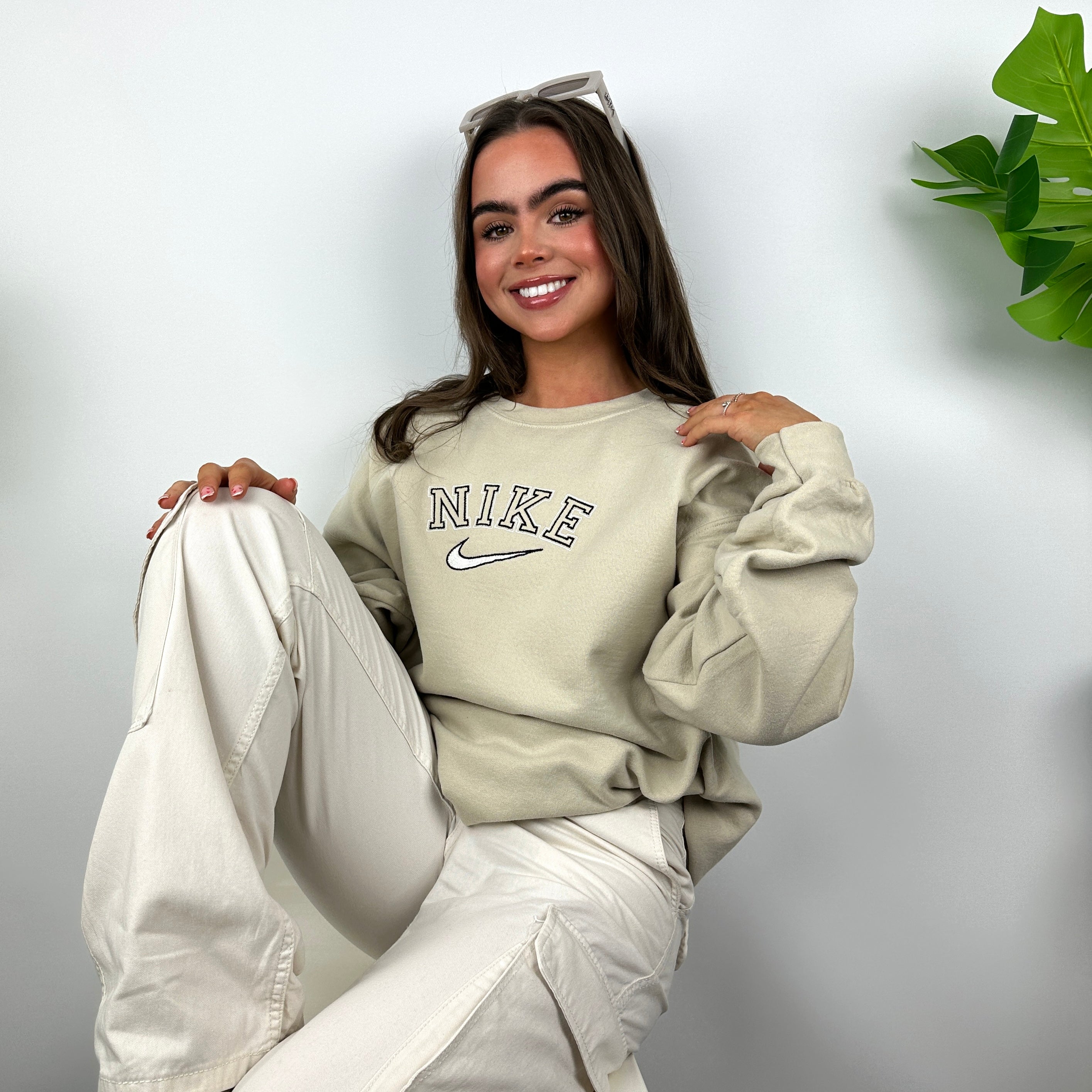 Nike Cream Embroidered Spell Out Sweatshirt (L)