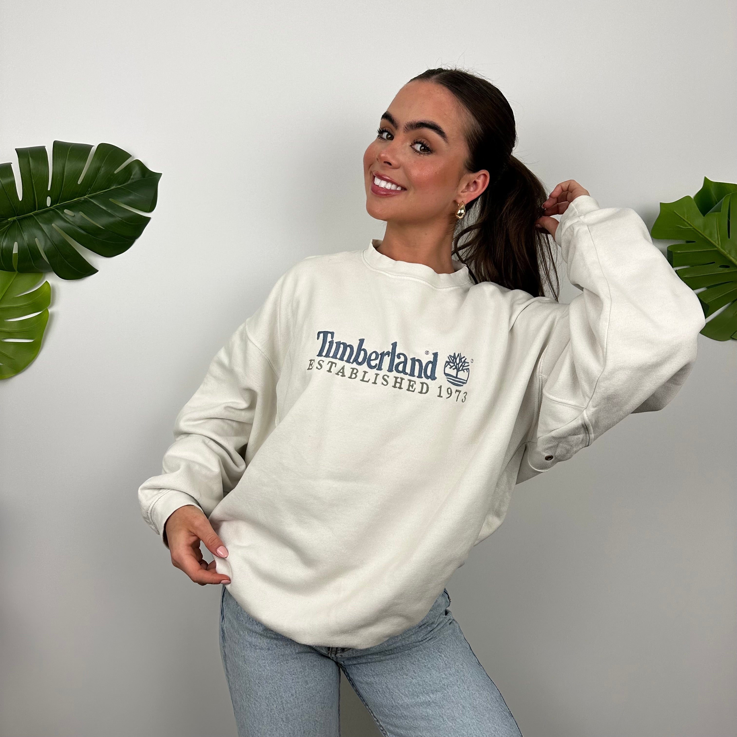 Timberland White Embroidered Spell Out Sweatshirt (M)